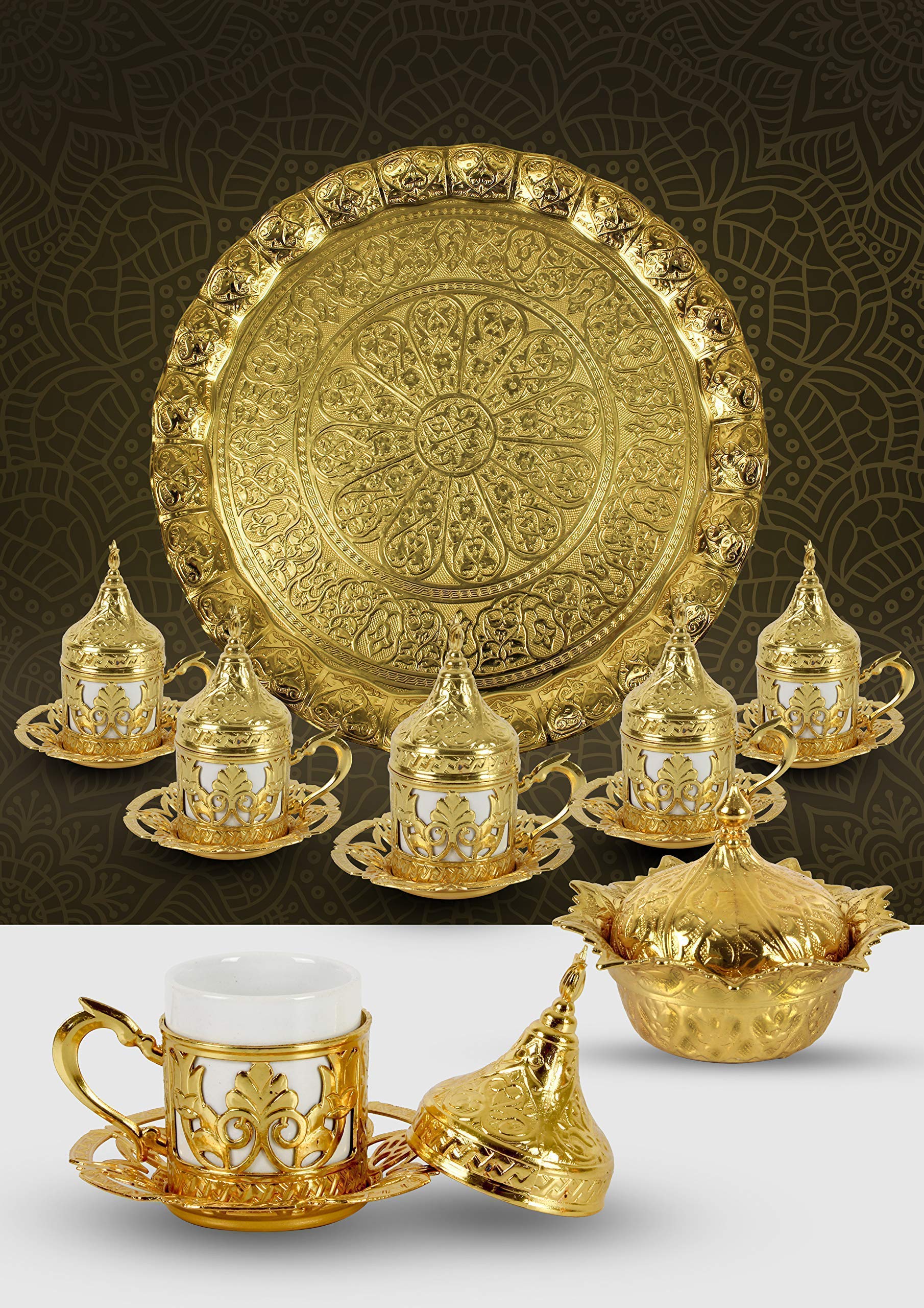 27-Piece Handmade Turkish Coffee Set with Gold Zamak Cups, Saucers, Sugar Bowl & Tray - 6-Person Espresso & Tea Serving Set - Perfect for Home Entertaining, Gift Giving & Traditional Coffee Ceremonies (CS6-203)