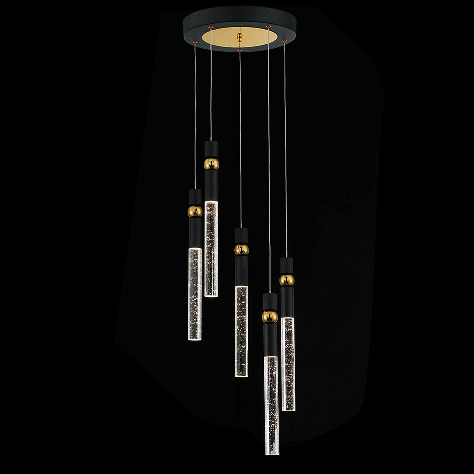 JoollySun Modern Crystal Pendant Light Fixture - 5-Light Cluster LED Chandelier for Kitchen Island, Dining Room Table in Black Gold Finish | Perfect for Contemporary Home Decor & Restaurant Lighting