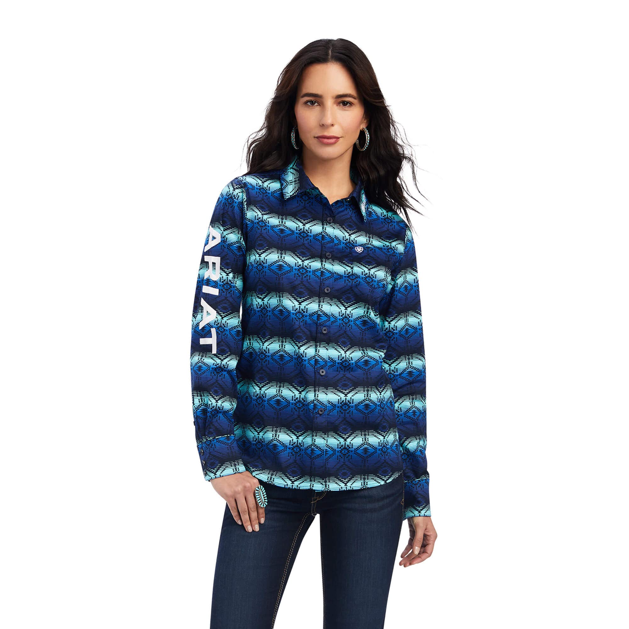ARIAT Women's Southwestern Stripe Print Team Kirby Long Sleeve Button Down Shirt - Navy Blue Western Style Top for Cowgirls & Rodeo Events
