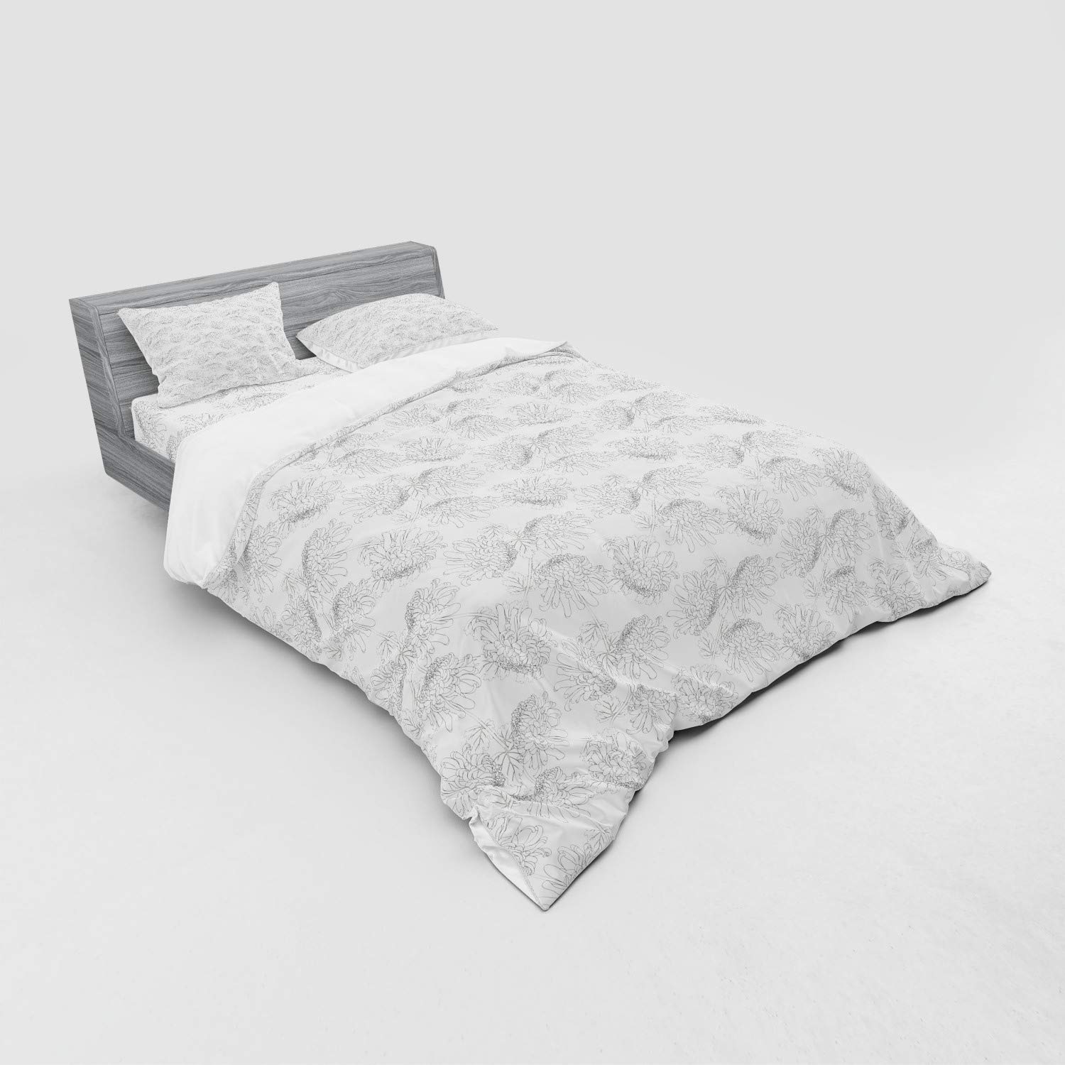 Ambesonne Floral Duvet Cover Set - Hand-Drawn Chrysanthemum Flowers Design, 4-Piece Queen Size Bedding Set with Shams & Fitted Sheet in Dimgray & White | Perfect for Boho Bedroom Decor, Guest Room Makeover & Cozy Home Styling