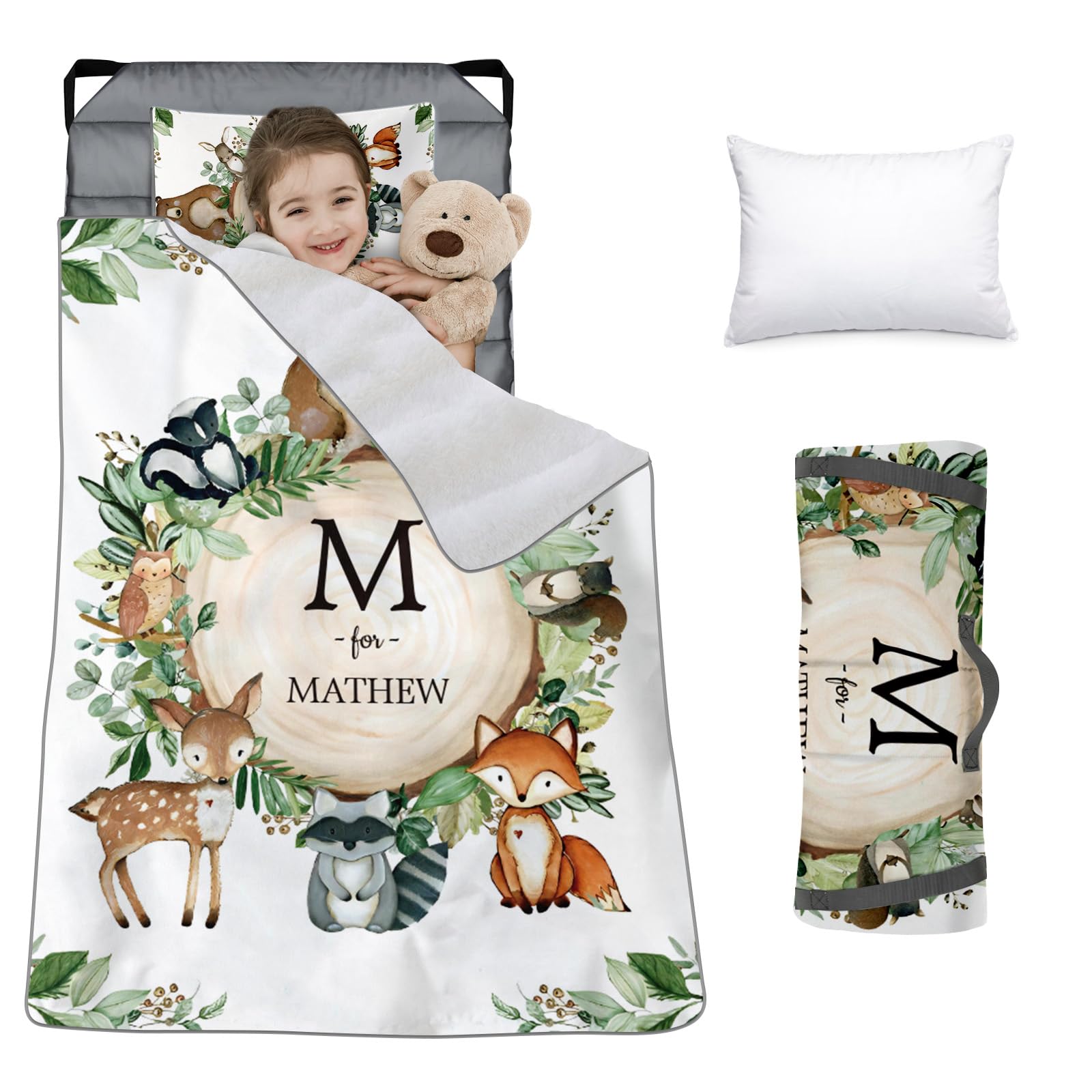 Personalized Toddler Nap Mat with Name & Animal Designs - Flannel Blanket & Removable Pillow for Boys & Girls - Perfect for Preschool, Daycare & Travel Sleeping
