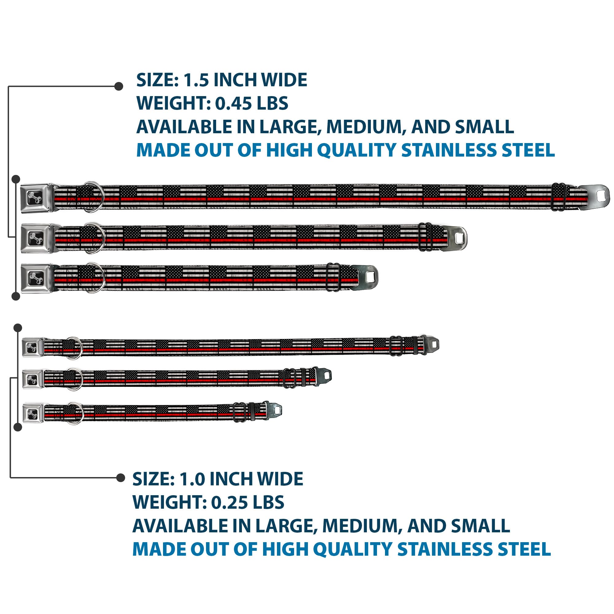 American Flag Dog Collar with Seatbelt Buckle - Thin Red Line Weathered Design, 16-23 Inches Adjustable, 1.5 Inch Wide - Perfect for Patriotic Pet Owners & Outdoor Adventures