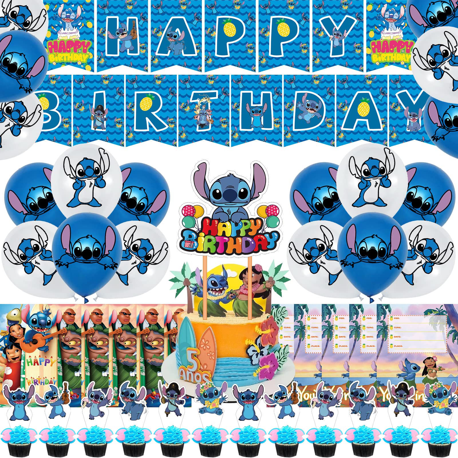 Lilo & Stitch Birthday Party Decorations Set - Includes Banner, Cake Toppers & Balloons for Disney Themed Celebrations - Perfect for Kids Birthday Parties, Baby Showers & Disney Movie Nights
