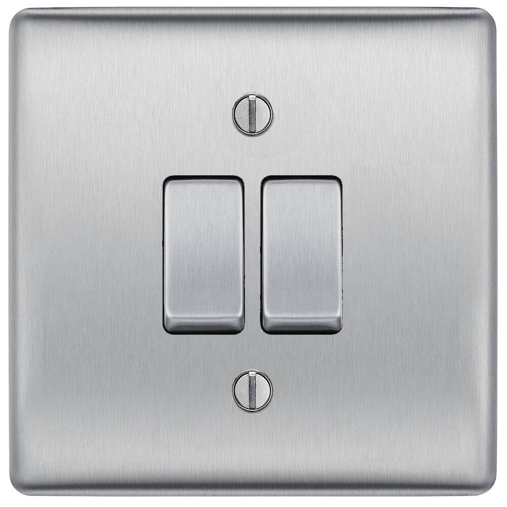 BG Nexus Brushed Steel 2-Gang Intermediate Light Switch - NBS2GINT - Durable Metal Electrical Switch for Home, Office & Commercial Lighting Control