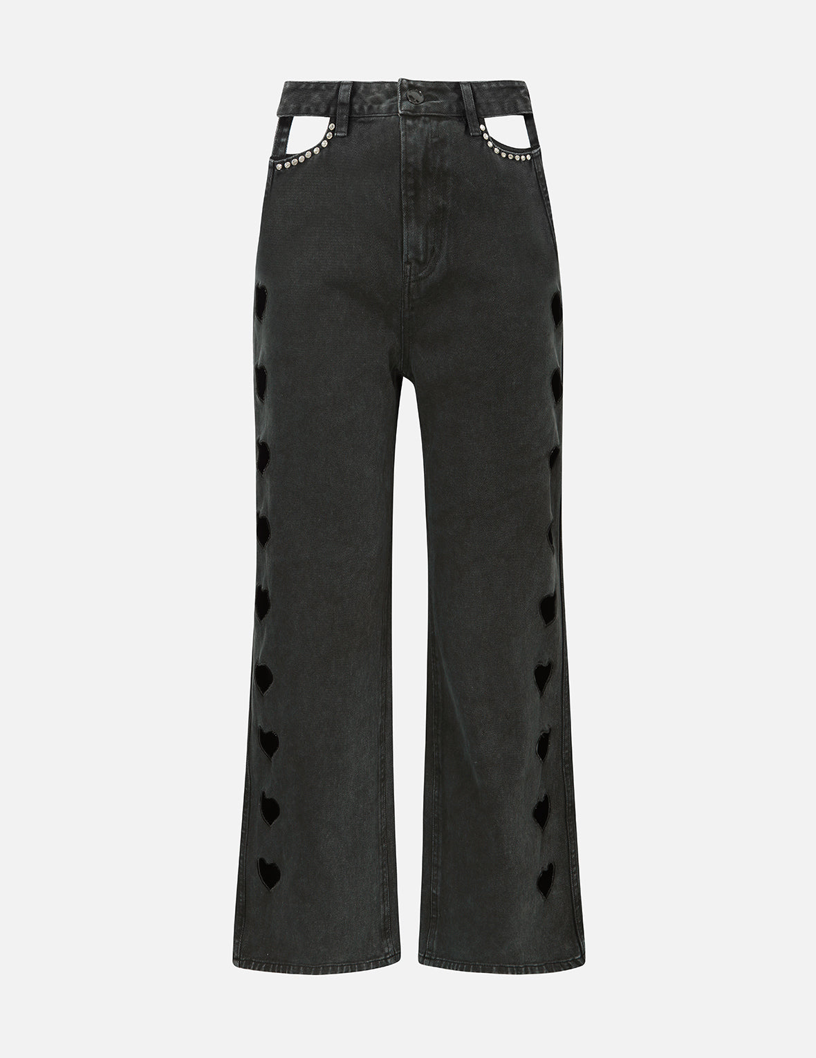 Rhinestone Embellished Heart Cut Out Wide Leg Jeans for Women - Trendy High Waist Flared Denim Pants for Casual Wear, Parties & Date Nights