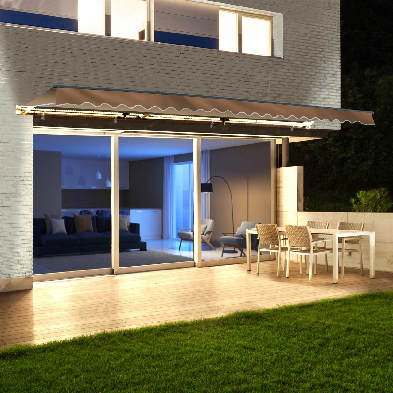 ALEKO 10x8 Feet Half Cassette Motorized Retractable LED Patio Awning in Sand Color - Perfect for Outdoor Shade, Backyard Relaxation & Garden Parties