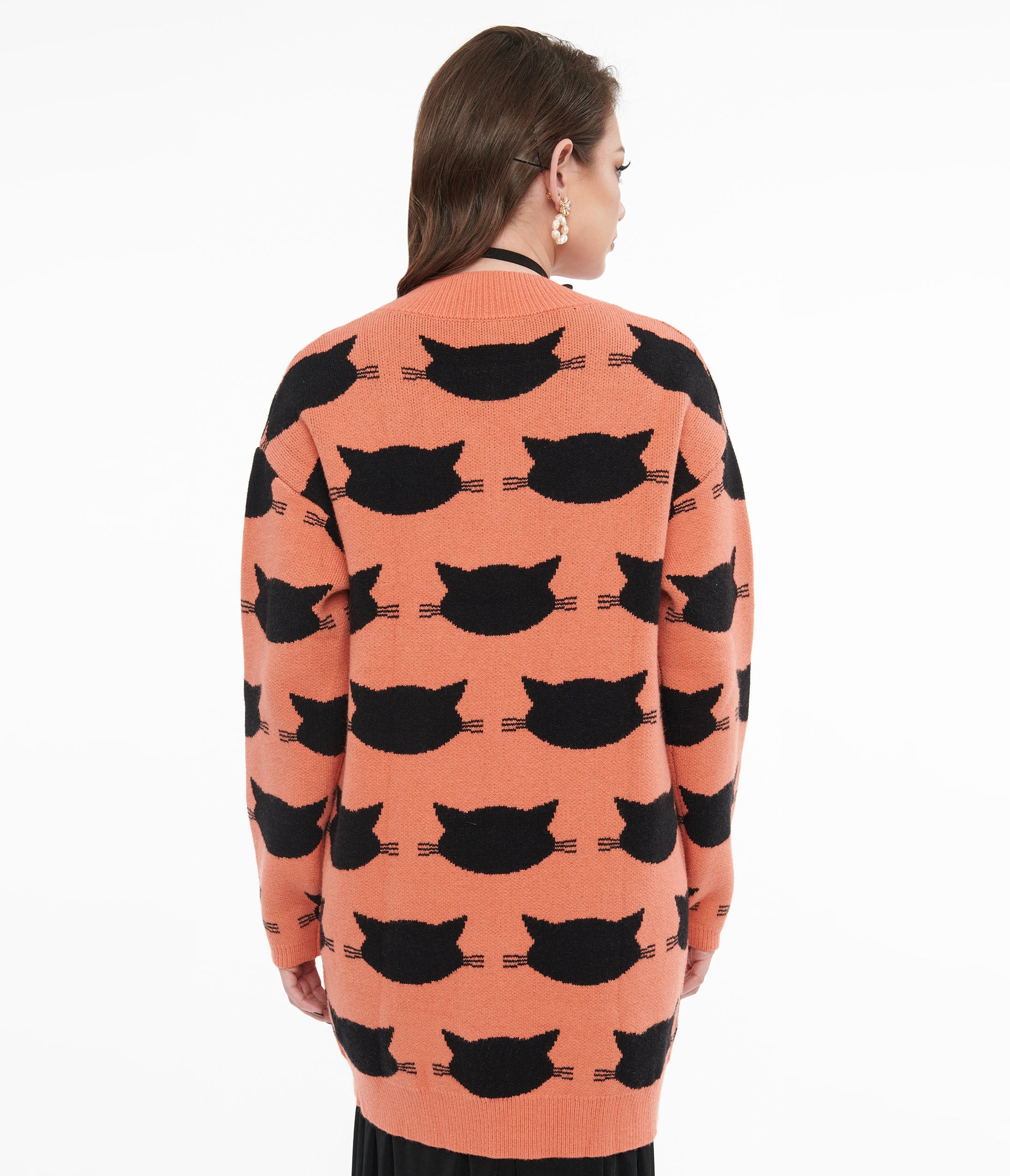 Stylish Orange & Black Cat Print Cardigan for Women - Cozy Fall & Winter Sweater - Perfect for Casual Outfits, Office Wear, and Cat Lovers