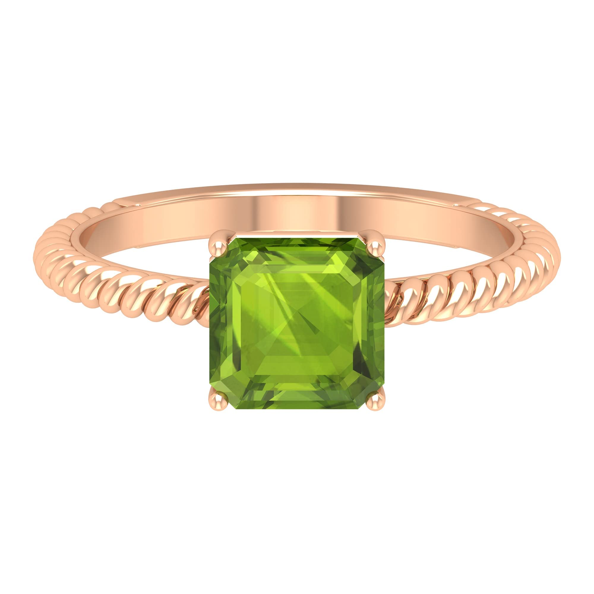 7mm Asscher Cut Peridot Solitaire Ring - 2CT Twisted Rope Peridot Engagement Ring for Women in 14K Solid Gold with Basket Setting | Perfect for Weddings, Anniversaries & Special Occasions
