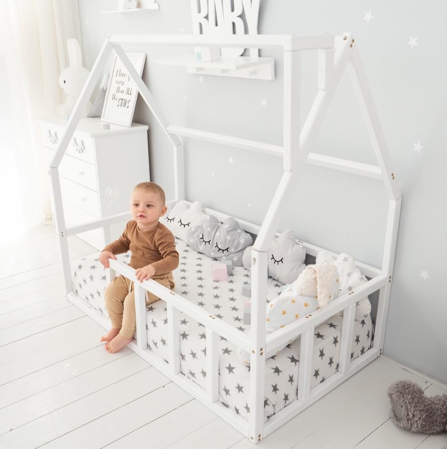 Montessori Toddler Floor Bed with Safety Rails - Solid Wood Kids Bed Frame for Boys & Girls - House Bed for Toddlers & Preschoolers - Perfect for Montessori Bedrooms, Daycare Naps & Cozy Sleep Spaces