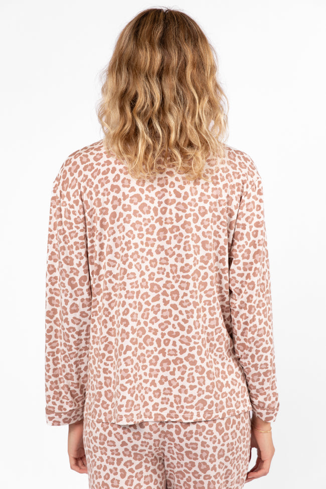 Under The Stars Neutral Leopard Print Sleepwear Top - Women's Cozy Pajama Shirt for Lounge & Sleep - Final Sale
