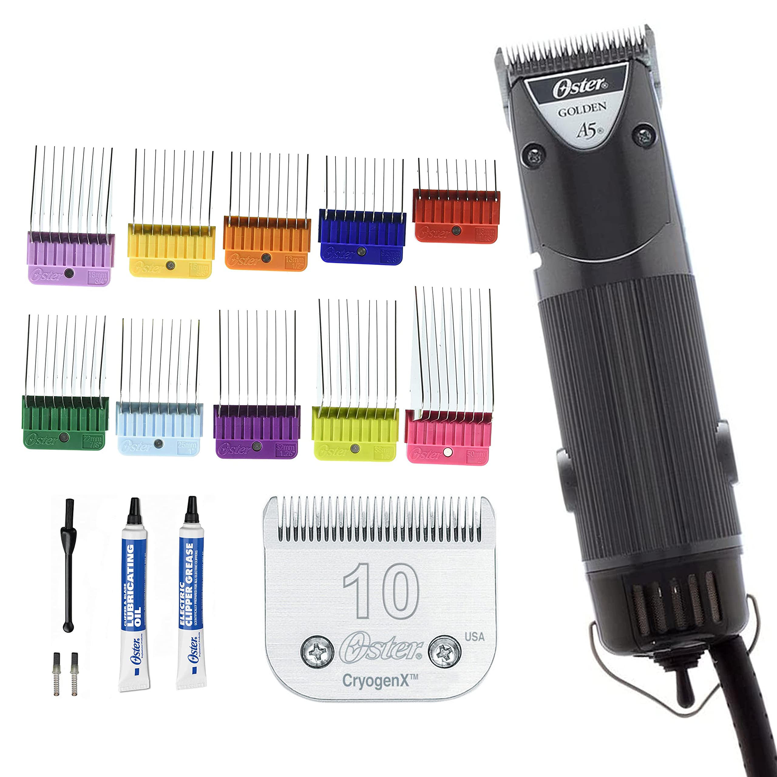 Oster Golden A5 Animal Pet 2-Speed Hair Clipper with Detachable CryogenX Size 10 Blade - 10-Piece Stainless Steel Guide Comb Kit for Professional Dog Grooming at Home (078936-100-000) - Perfect for Trimming, Shaping, and Maintaining Your Pet's Coat