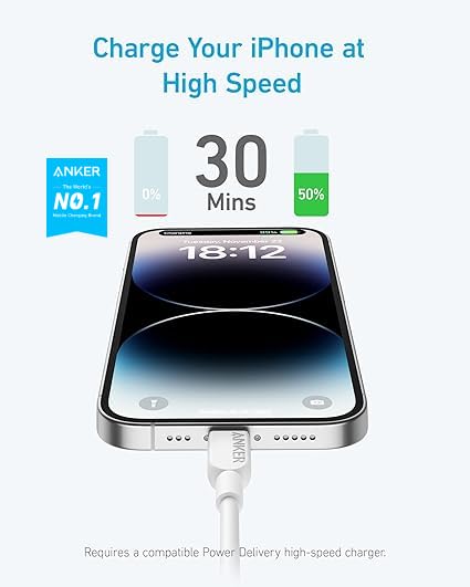 Anker USB C to Lightning Cable 10ft - MFi Certified Fast Charging Cable for iPhone 14/13/12/11/X/XS/XR - White (Charger Not Included) | Perfect for Home, Office & Travel Charging