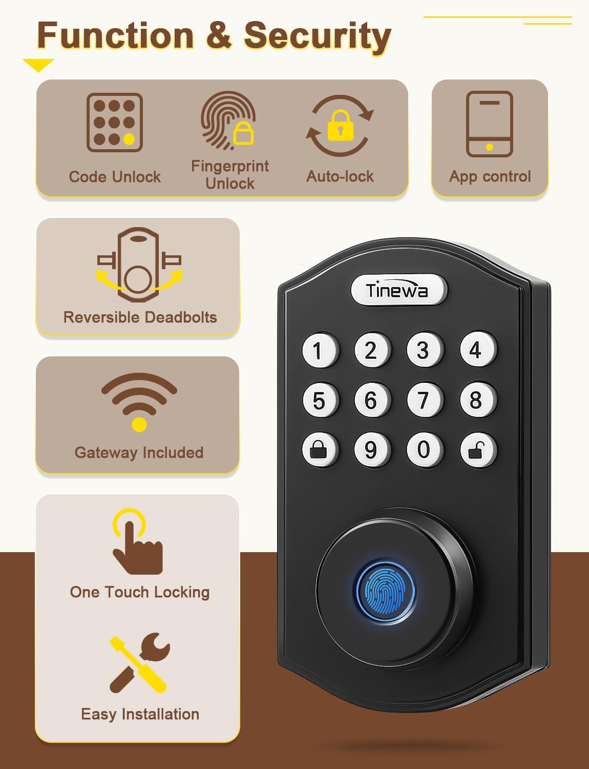 Smart Fingerprint Door Lock - Keyless Entry with Keypad & Auto Lock for Home Security - Matte Black