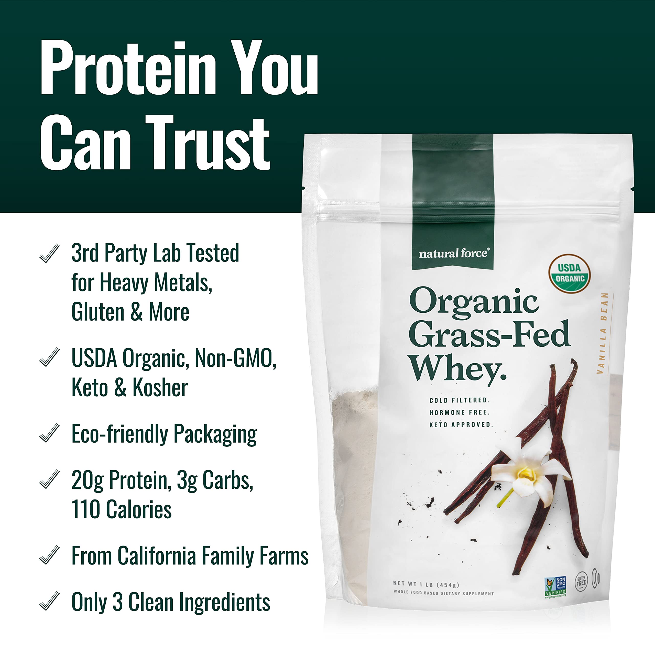 Grass Fed Organic Whey Protein Powder - Non-GMO, Humane Certified, Lab Tested for Toxins | Vanilla Flavor | Keto, Low Carb & Kosher Friendly | 16oz A2 Protein for Muscle Recovery, Post-Workout & Healthy Lifestyle