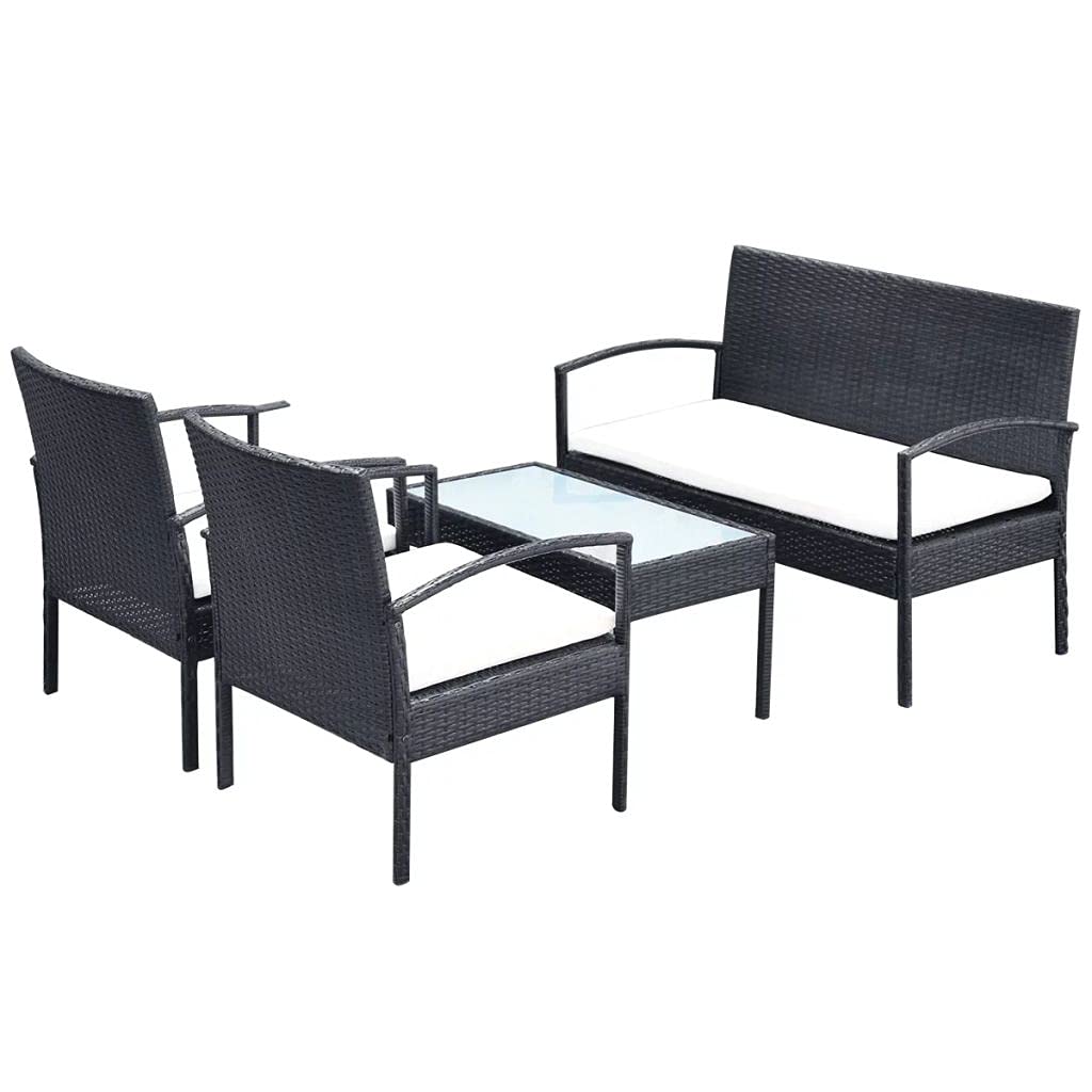 4-Piece Black Poly Rattan Outdoor Bar Set with Cushions & Glass Table - Patio Furniture for Backyards, Porches, Gardens & Poolside Relaxation