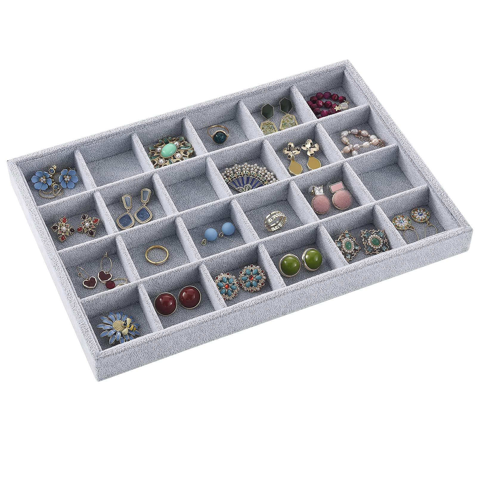 Ice Gray Plush Velvet Stackable Jewelry Display Trays - 24 Grid Jewelry Organizer Storage Box for Rings, Earrings & Necklaces - Perfect for Boutique, Jewelry Store & Home Vanity Display