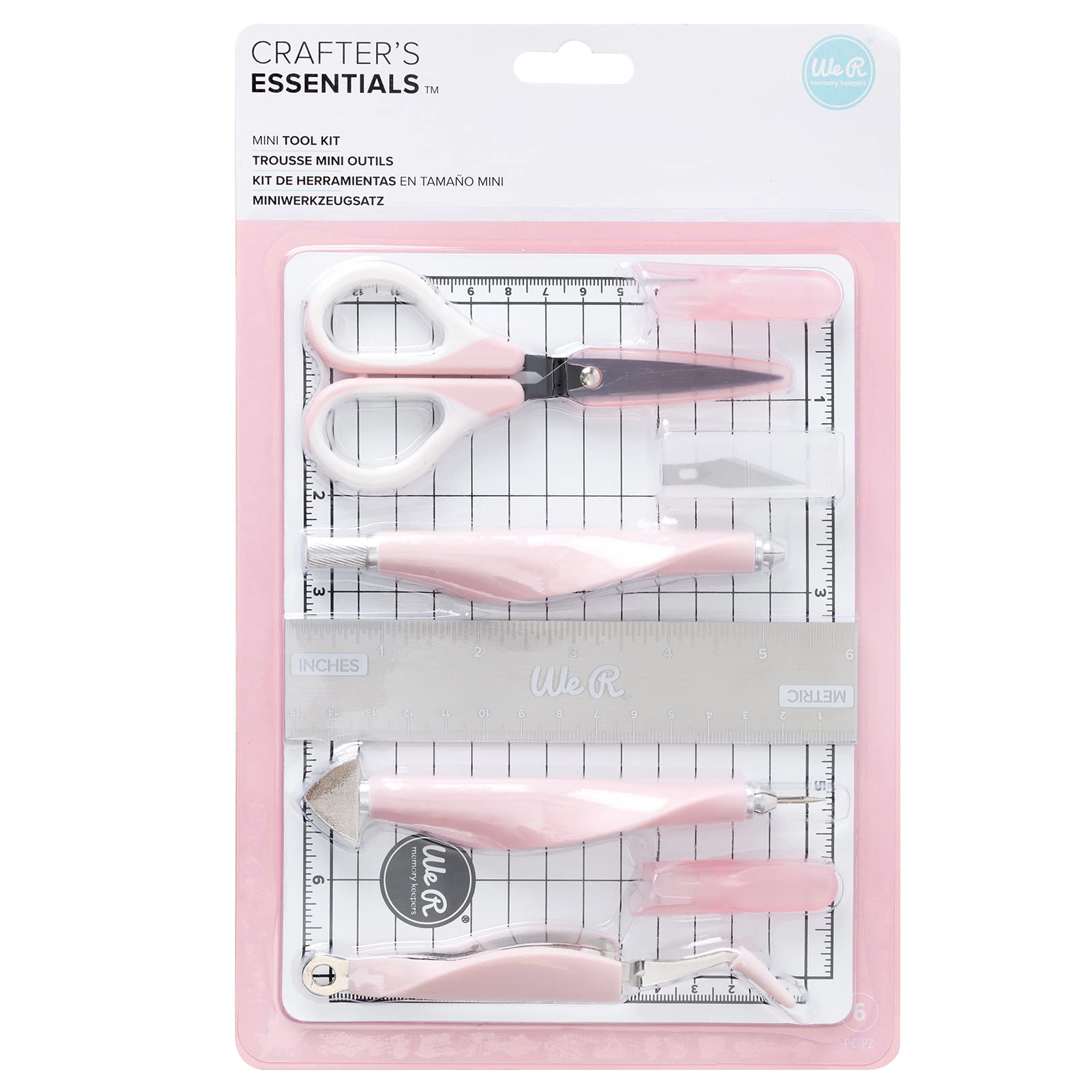 We R Memory Keepers Mini Tool Kit Pink - Includes Cutting Mat, Ruler, Scissors, Craft Knife, Tweezers, Brad Setter & Piercing Tool | Perfect for DIY Crafts, Scrapbooking, Journaling, Card Making & Home Decor Projects