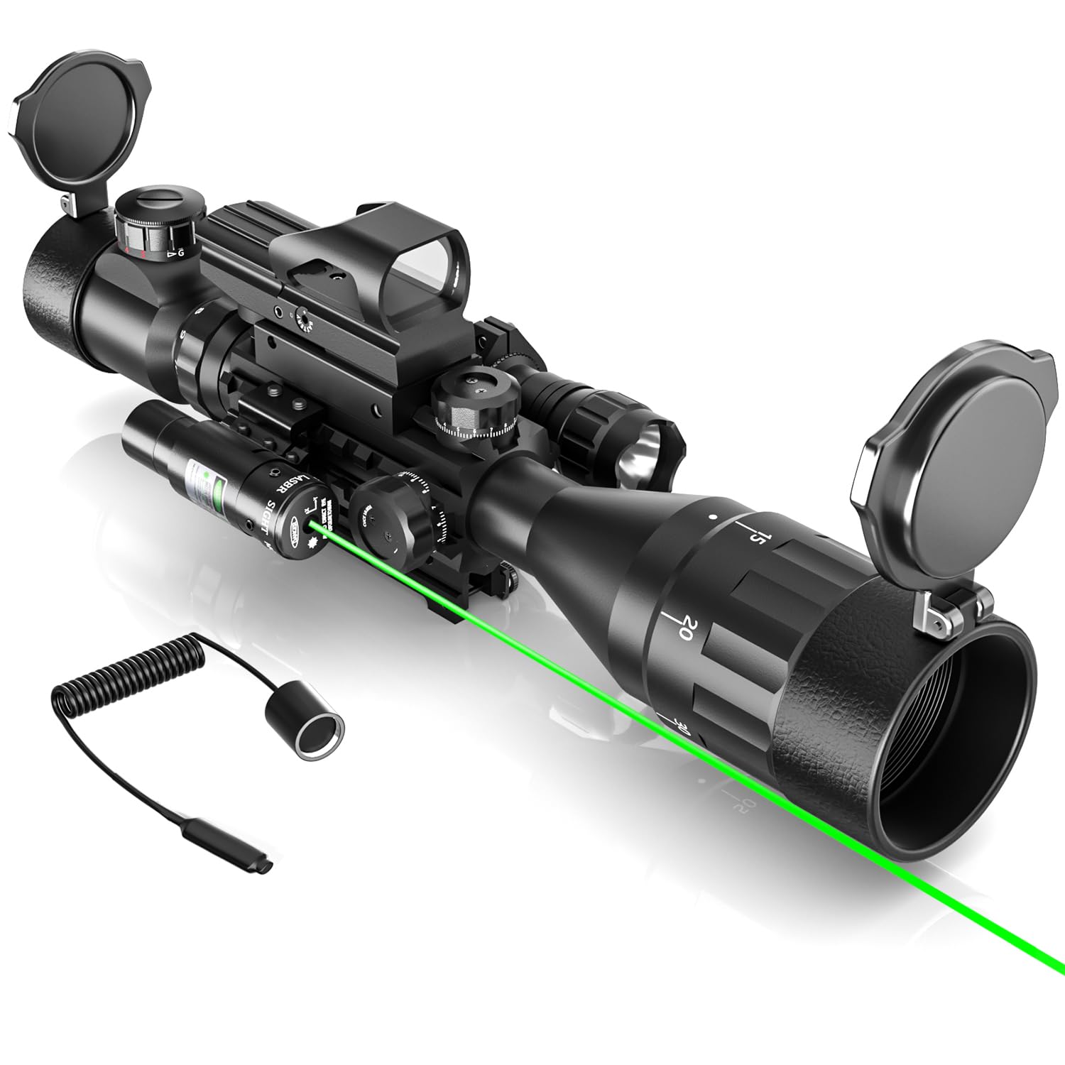 4-16x50 AO Rifle Scope Combo with Red/Green Dual Illuminated Optics, Tail Switch Green Laser Sight & 4 Reticle Red/Green Dot Sight - Includes Rail Mount & 5 Mode Flashlight for Hunting, Tactical Shooting and Outdoor Adventures