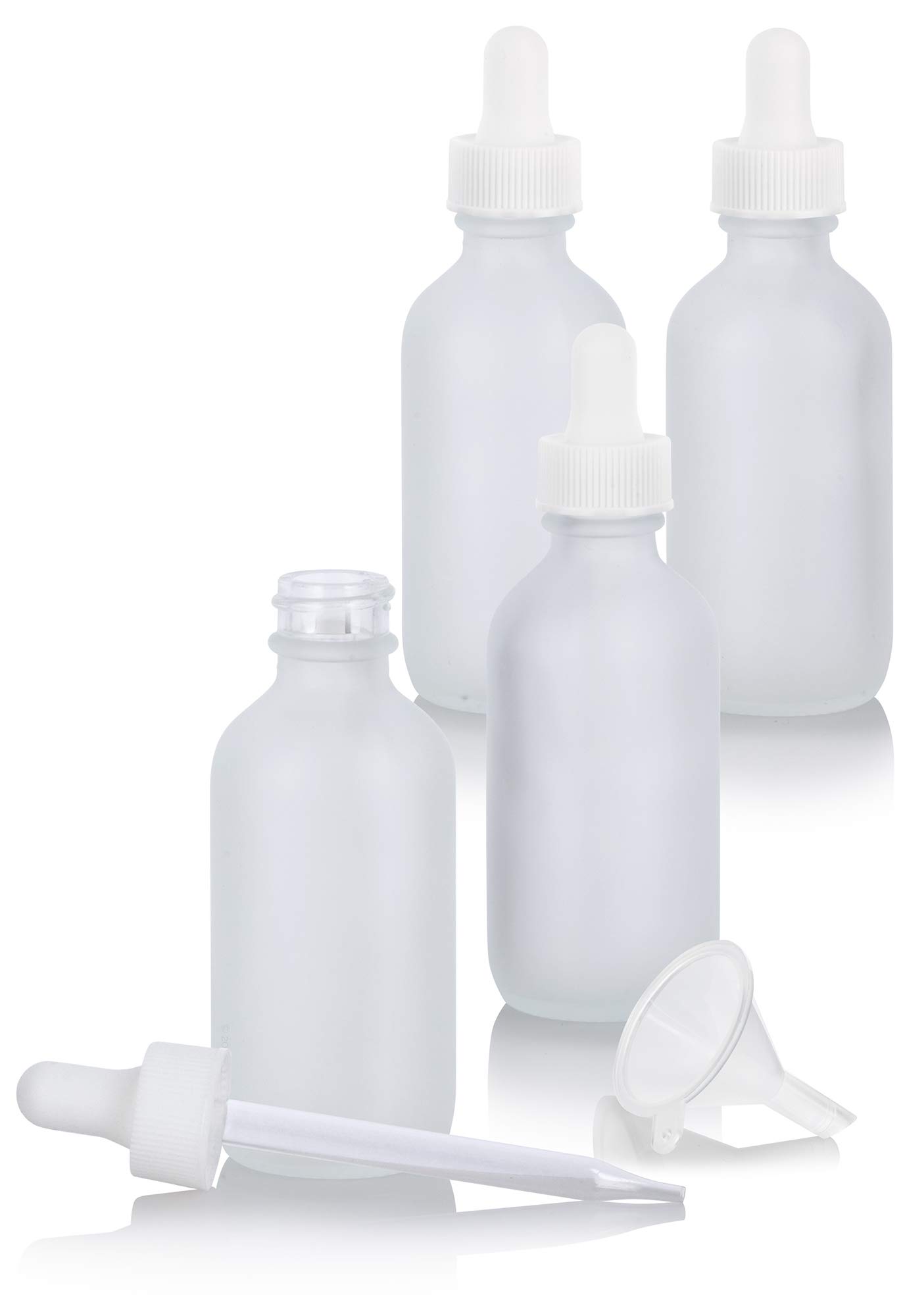 JUVITUS 2 oz Frosted Clear Glass Boston Round White Dropper Bottles (4 Pack) with Funnel - Essential Oil Bottles, DIY Skincare Containers, Travel-Sized Liquid Storage for Aromatherapy & Beauty Products