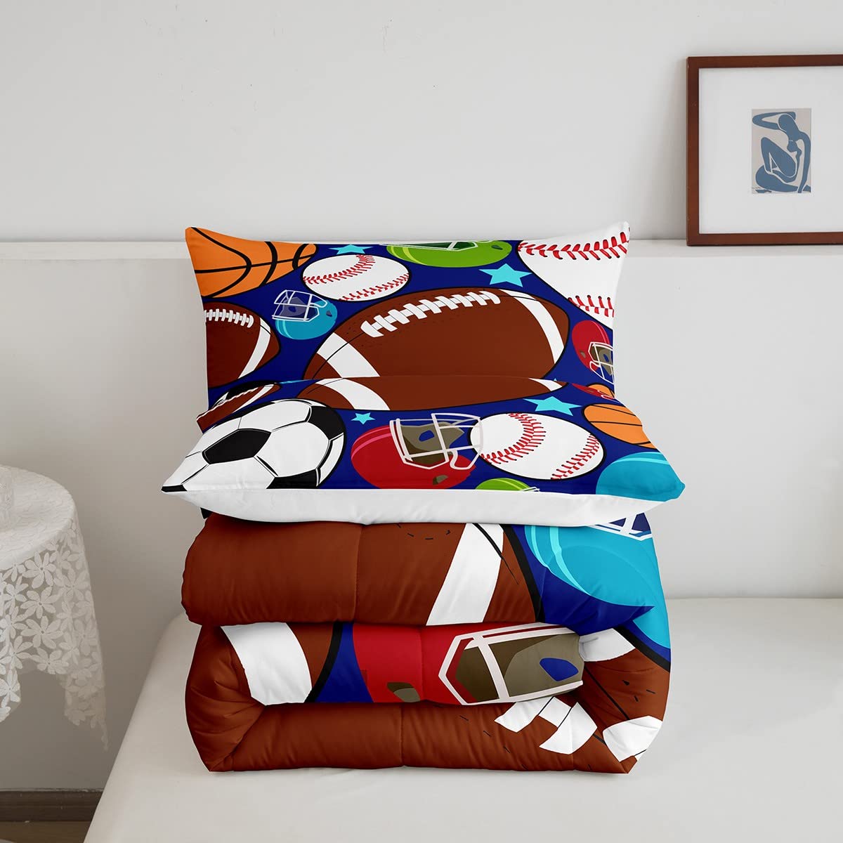 Kids Sports Comforter Set - Football, Basketball, Baseball - Queen Size with Pillowcases for Boys Bedroom