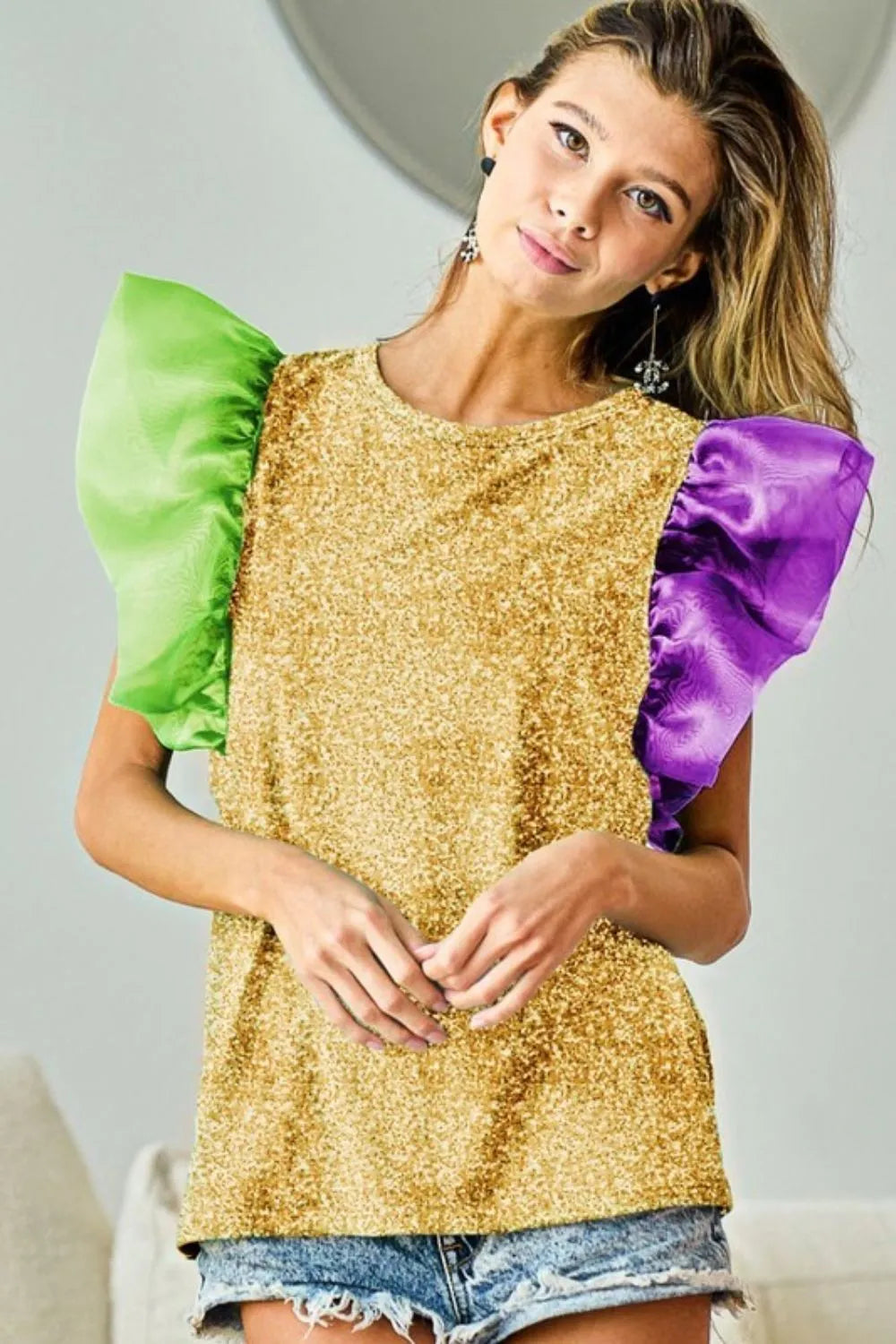 BiBi Mardi Gras Color Block Organza Sleeve Sequin Top | Party Wear for Women | Perfect for Festivals, Carnivals & Night Out