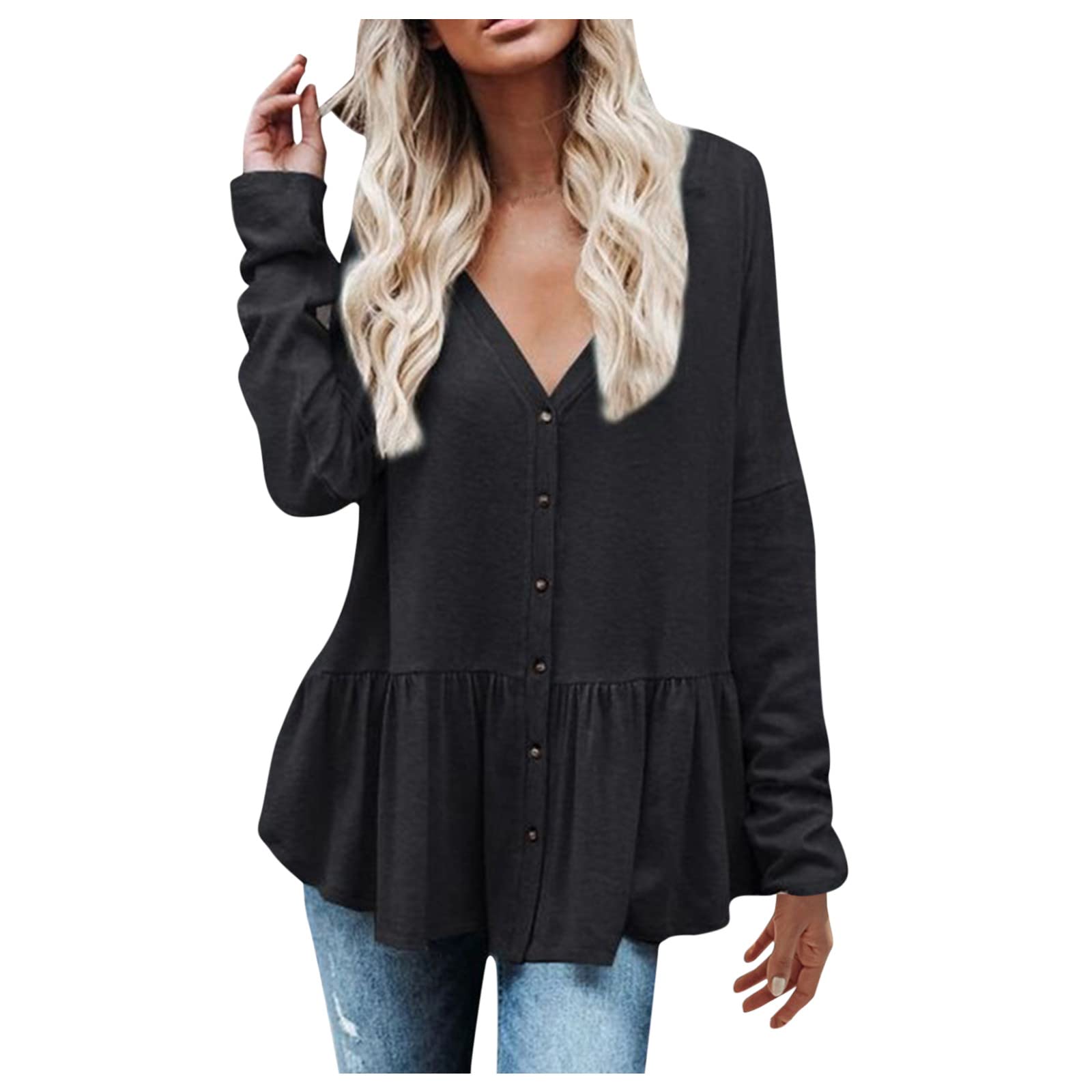Women's Long Sleeve V-Neck Button Up Blouse with Ruffle & Peplum Detail - Stylish Waffle Knit Tunic Top for Casual Wear, Office & Date Night Outfits