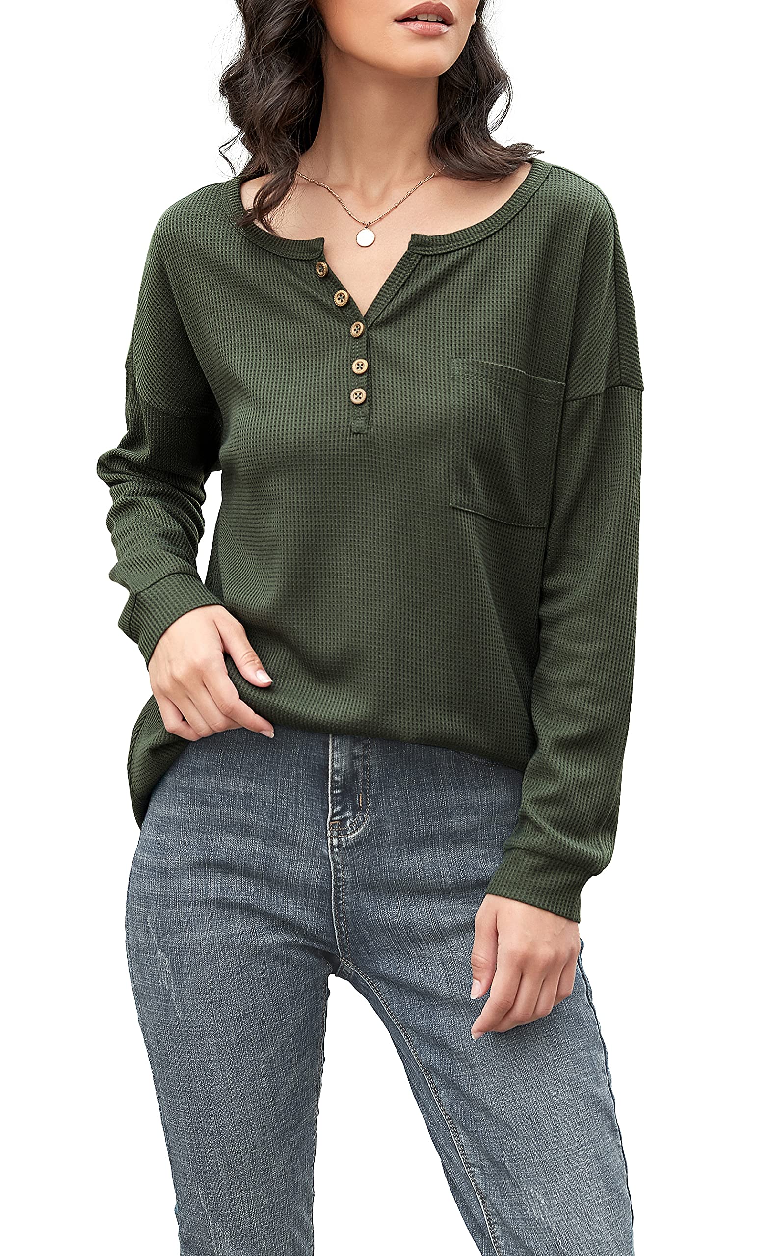Iandroiy Women's Long Sleeve V-Neck Button Down Blouse - Waffle Knit Casual Tunic Top Shirt for Work, Date Night & Everyday Wear