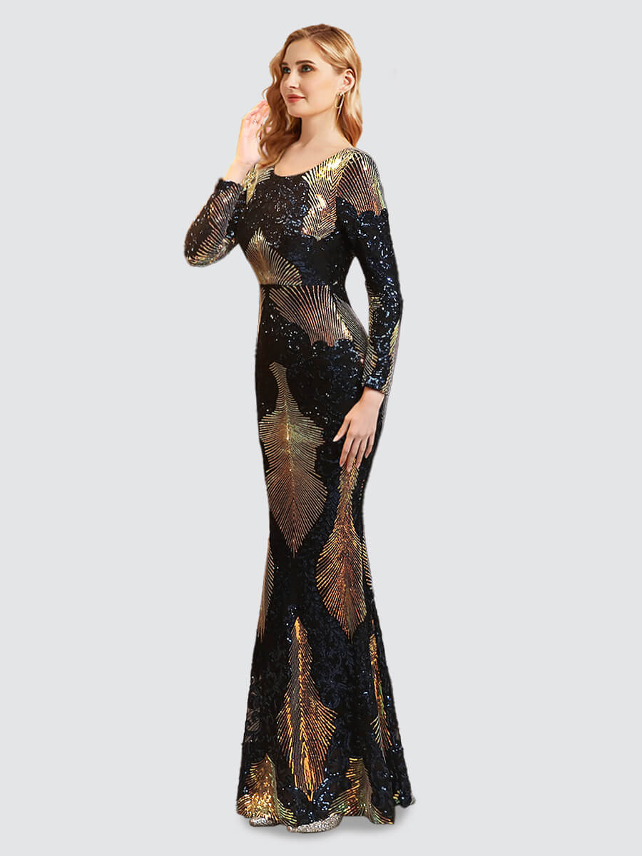 Elegant Dark Navy Backless Long Sleeve Sequin Maxi Mermaid Evening Gown for Women | Formal Prom, Wedding Guest & Special Occasion Dresses