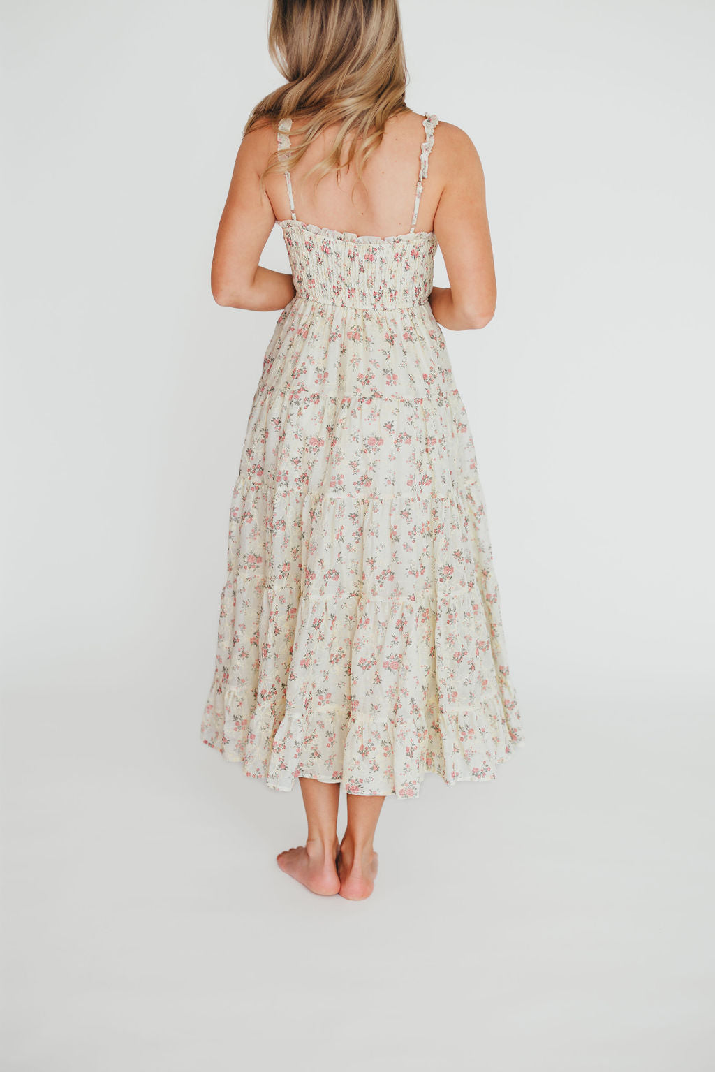 Ryan Ruffle Midi Dress with Embroidered Floral Detail - Cream & Pink Summer Dress for Women | Perfect for Weddings, Garden Parties & Date Nights