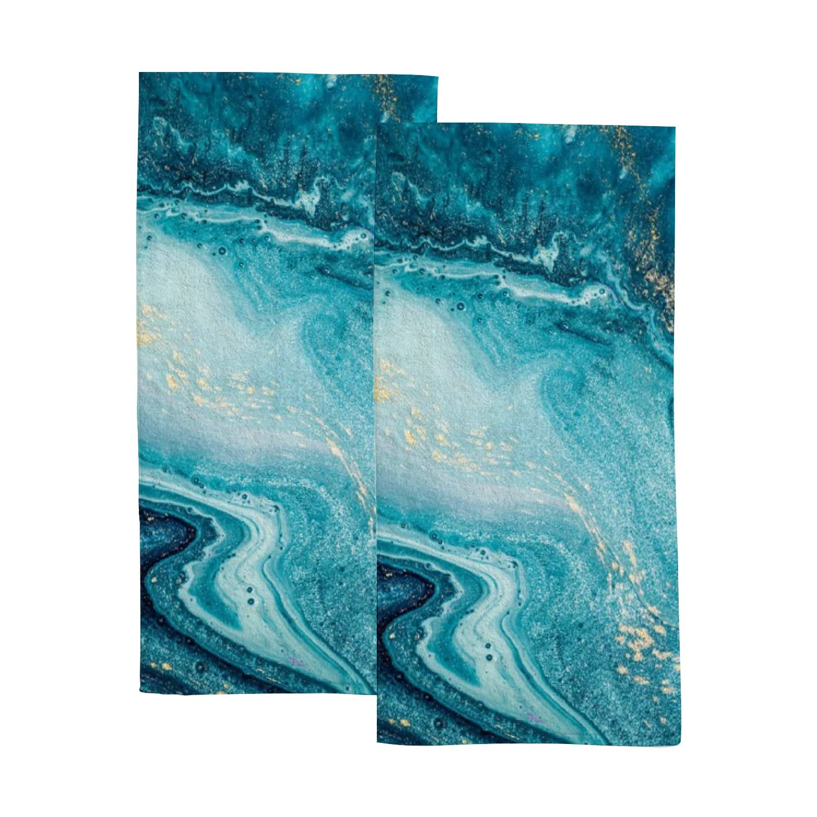 Premium Marble Striped Hand Towel Set - 2-Piece Soft Absorbent Bath & Kitchen Towels for Bathroom, Gym, Yoga, Sports | Ocean Blue & Gold Washcloths for Face & Dishes