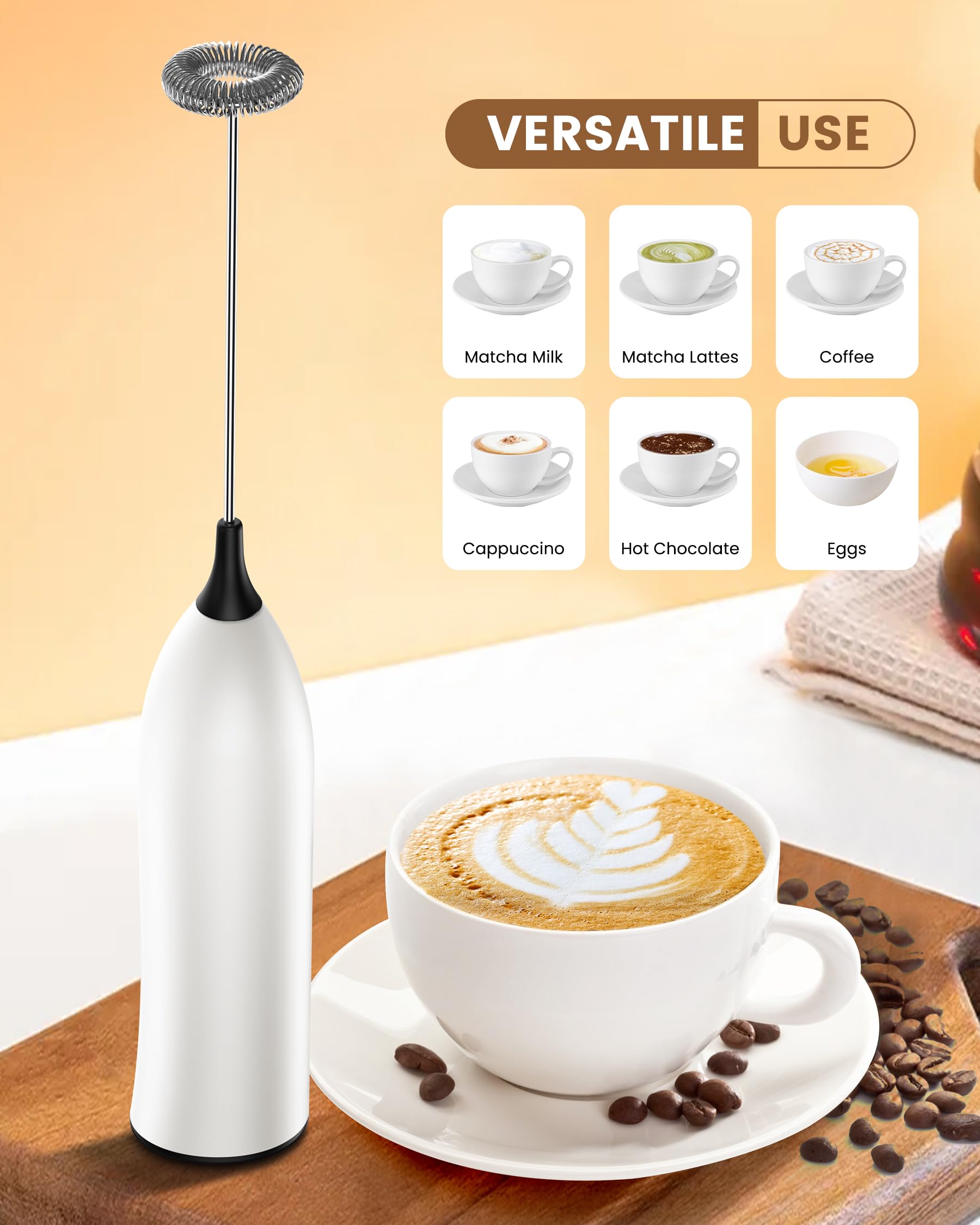 Rechargeable USB Milk Frother Wand - Powerful Handheld Frother for Coffee, Latte, Cappuccino, Mocha & Protein Shakes - Perfect for Home, Office & Cafe Use - White