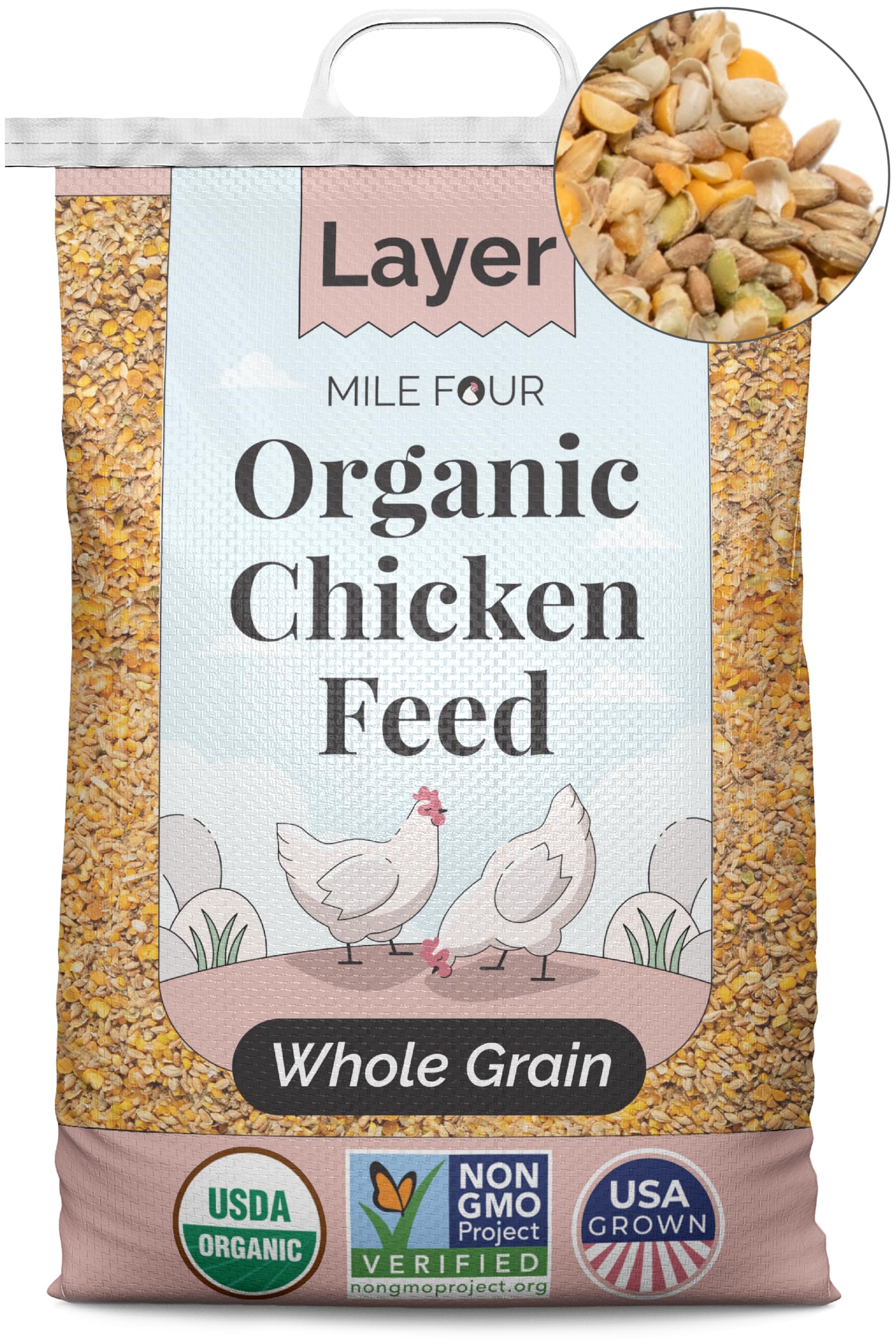Organic Non-GMO Chicken Feed - Whole Grain Layer Feed, 16% Protein, Corn-Free & Soy-Free, USA Grown, 46 lbs - Healthy Poultry Nutrition for Egg Laying Hens & Backyard Chickens
