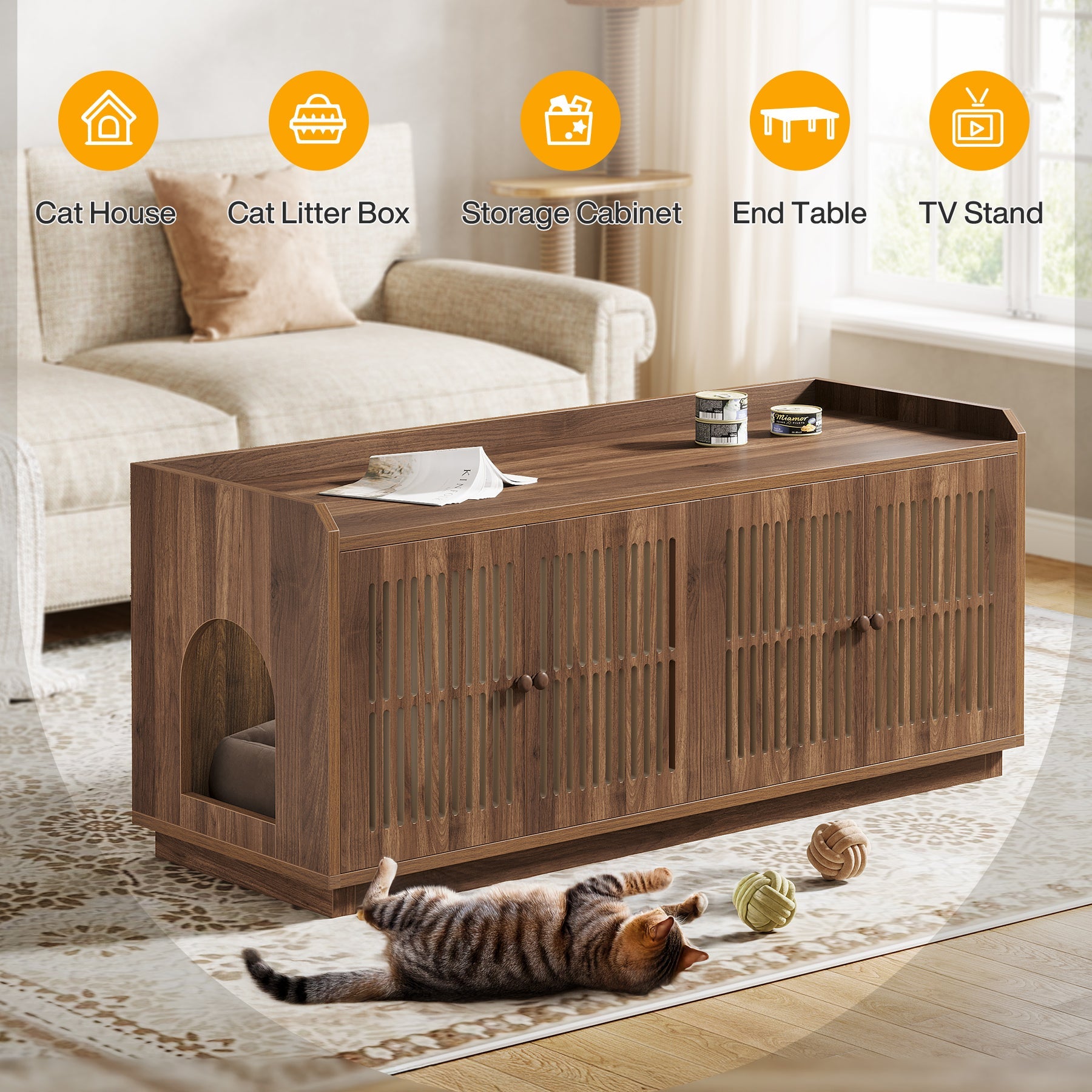 55L Cat Litter Box Furniture Enclosure with 2 Storage Cabinets & Side Entry - Modern Pet Furniture for Home, Living Room, or Bedroom Discreet Cat Litter Solution