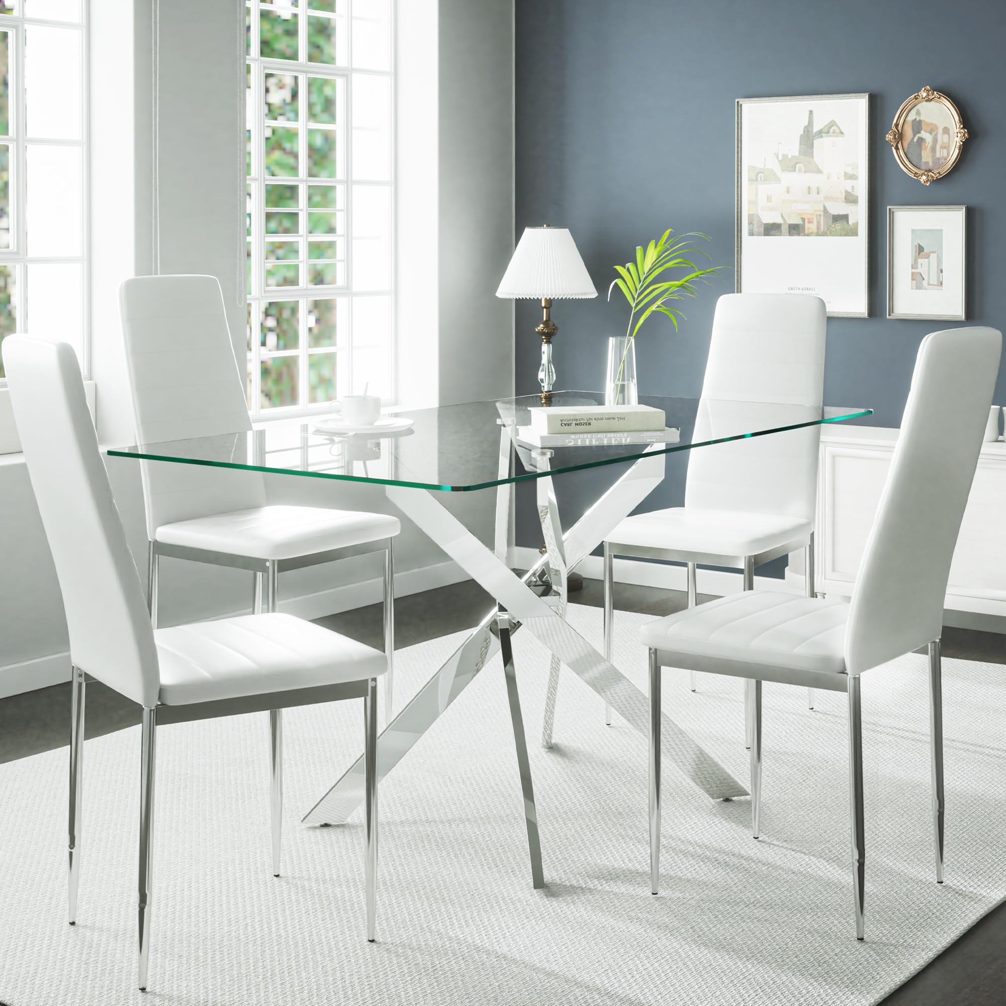 Modern 5-Piece Glass Dining Table Set for 4 - Rectangular Kitchen Table with 4 Chairs - Perfect for Small Spaces, Apartments & Cozy Dining Rooms - Ideal for Family Meals, Entertaining Guests & Everyday Use