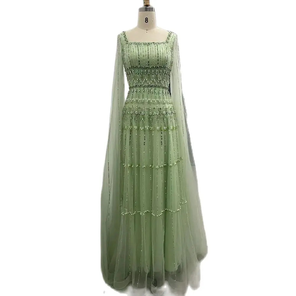Elegant Dubai Arabic Sage Green Evening Gown with Cape Sleeves - LA72595 | Formal Gown for Weddings, Galas & Special Occasions