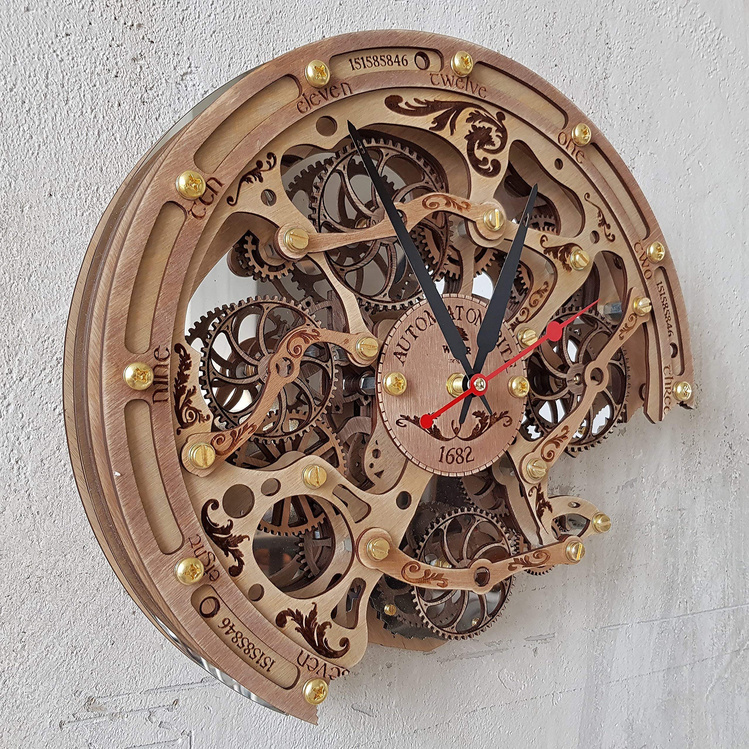 Handcrafted Steampunk Wall Clock with Moving Gears - Automaton Bite 1682 Woody by WOODANDROOT | Unique Transparent Design, Large Personalized Anniversary Gift for Home & Office Decor | Perfect for Living Room, Study or Steampunk-Themed Spaces