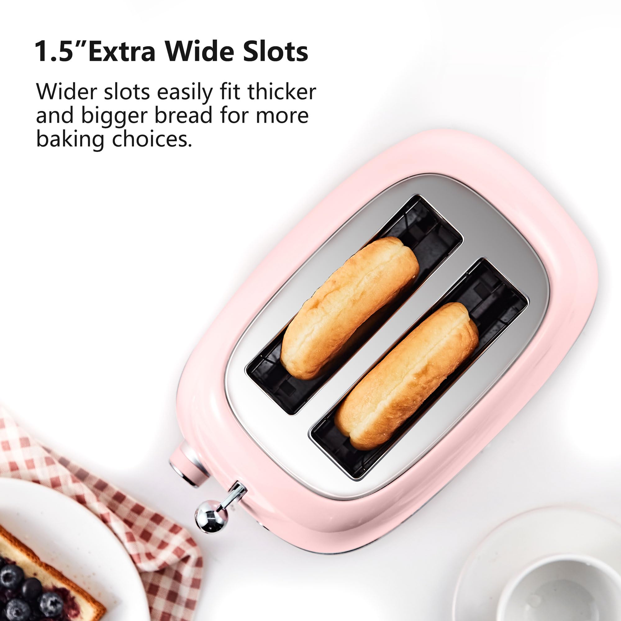 Retro 2-Slice Toaster with Bagel, Cancel & Defrost Functions - 6 Shade Settings, Extra Wide Slots & Removable Crumb Tray - Stainless Steel Pink Toaster for Kitchen, Breakfast, Dorm & Office Use