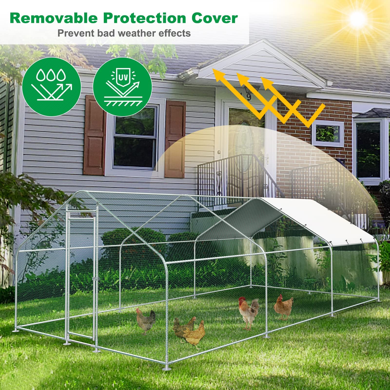 Premium Large Metal Chicken Coop - 10'L x 20'W x 6.56'H Walk-in Poultry Cage with Waterproof Cover & Secure Lock | Durable Outdoor Hen House for Backyard, Farm & Rabbit Enclosure | Weatherproof Silver Design for Year-Round Protection
