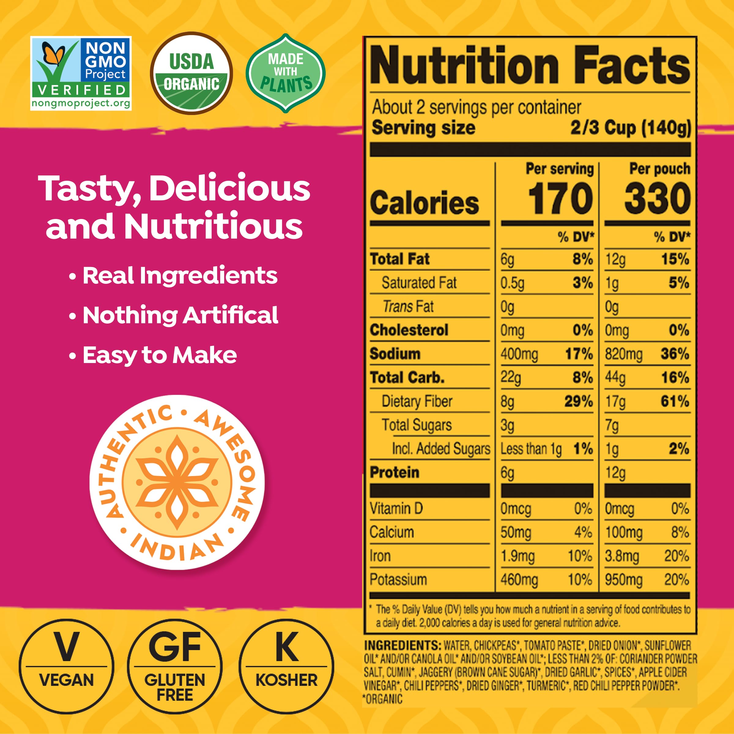 Tasty Bite Organic Channa Masala - 10oz Ready-to-Eat Indian Curry | Vegan, Gluten-Free & Microwavable Meal | Perfect for Quick Lunches, Camping & Emergency Food Supplies