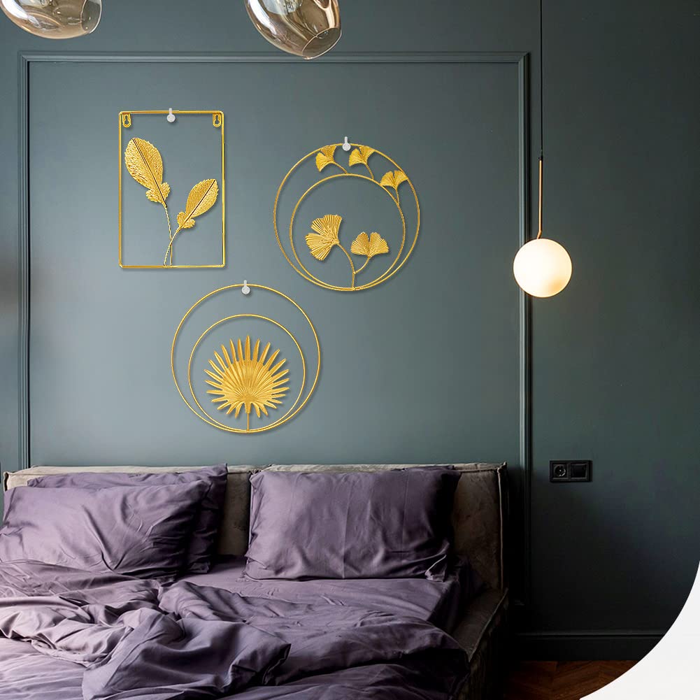 Ranslen Gold Metal Wall Decor - Set of 3 Golden Ginkgo Palm Leaf Wall Art with Frame, Modern Metal Wall Sculpture for Home & Office - Perfect for Bedroom, Living Room, Study & Office Decor