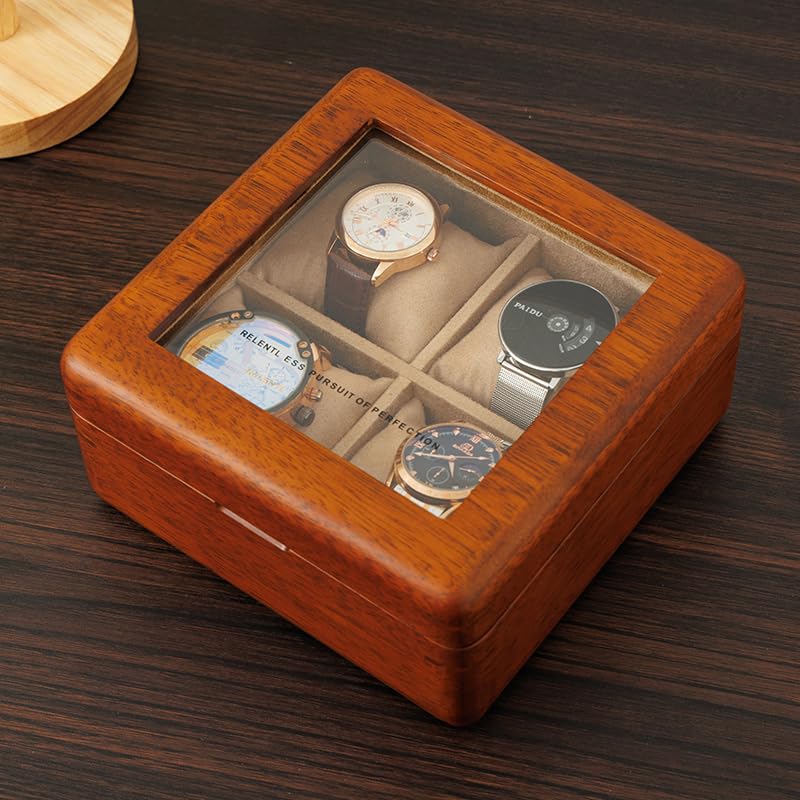 Premium 4-Slot Wooden Watch Box with Glass Lid - Luxury Watch Storage Organizer & Travel Case for Men - Perfect for Display, Gifts, and Travel Accessories