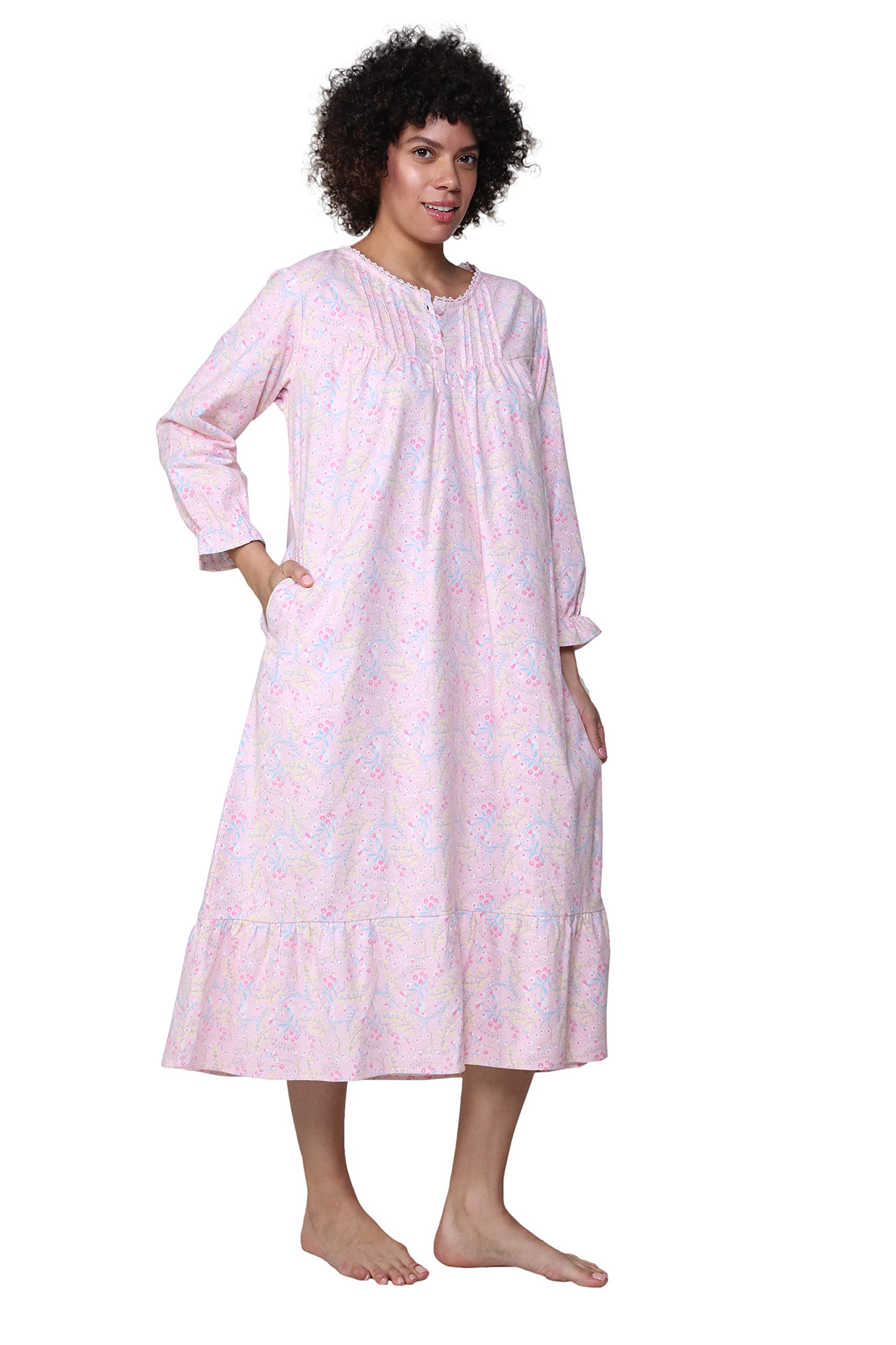 LA CERA Women's Flannel Pleated Nightgown - Soft & Cozy Long Sleeve Sleepwear for Winter, Lounge & Relaxation at Home