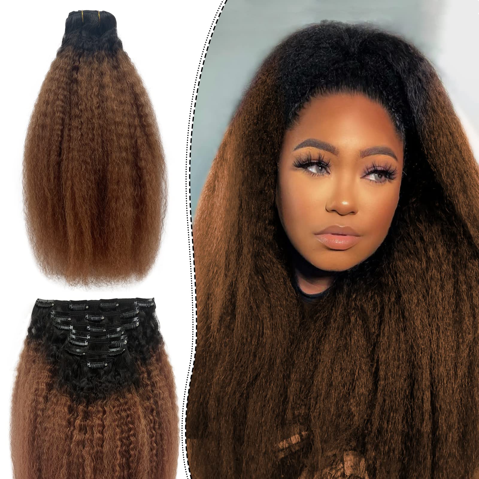 Ombre Black to Medium Auburn Clip-in Hair Extensions for Black Women - 7pcs 14 Inch 120g Remy Human Hair - Perfect for Parties, Weddings & Everyday Styling