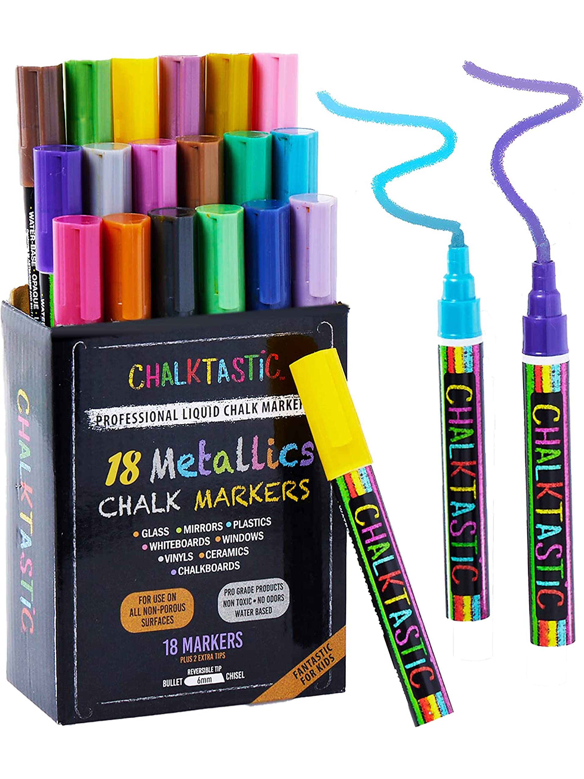 Metallic Liquid Chalk Markers - 18 Pack with Reversible 6mm Fine/Chisel Tip | Erasable Chalkboard Markers for Menu Boards, Glass, Blackboards, Windows & Signs | Perfect for Restaurants, Cafes, Bistros & Car Decals