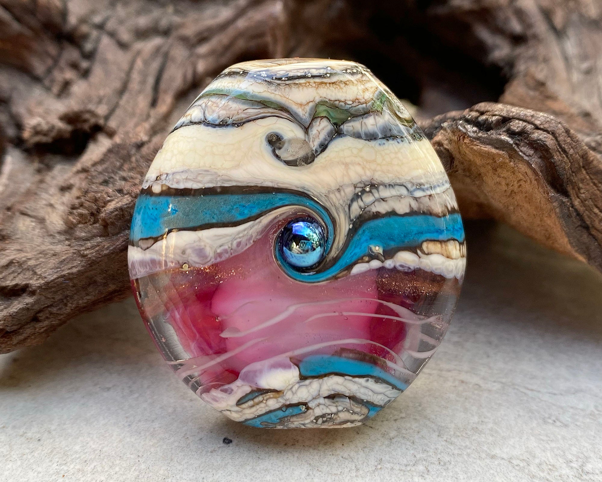 Handmade Turquoise Pink Organic Lampwork Glass Focal Bead for Jewelry Making - Perfect for Necklaces, Bracelets & DIY Craft Projects