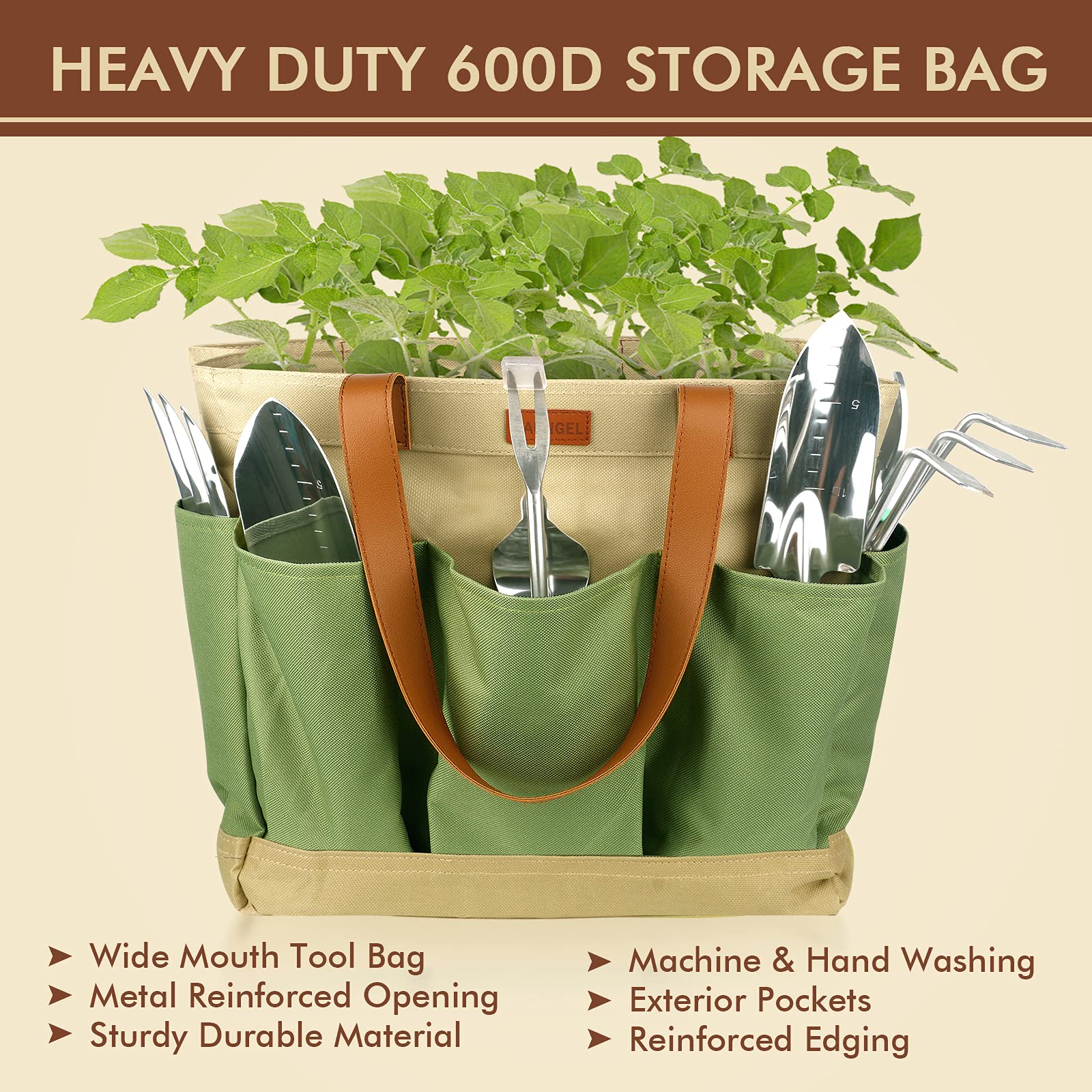 YAUNGEL 10-Piece Heavy Duty Stainless Steel Gardening Tool Set with Wooden Handle & Storage Tote Bag - Durable Garden Tools for Planting, Weeding, Digging - Perfect Gardening Gifts for Women & Men - Ideal for Backyard, Lawn Care & Outdoor Gardening Projects