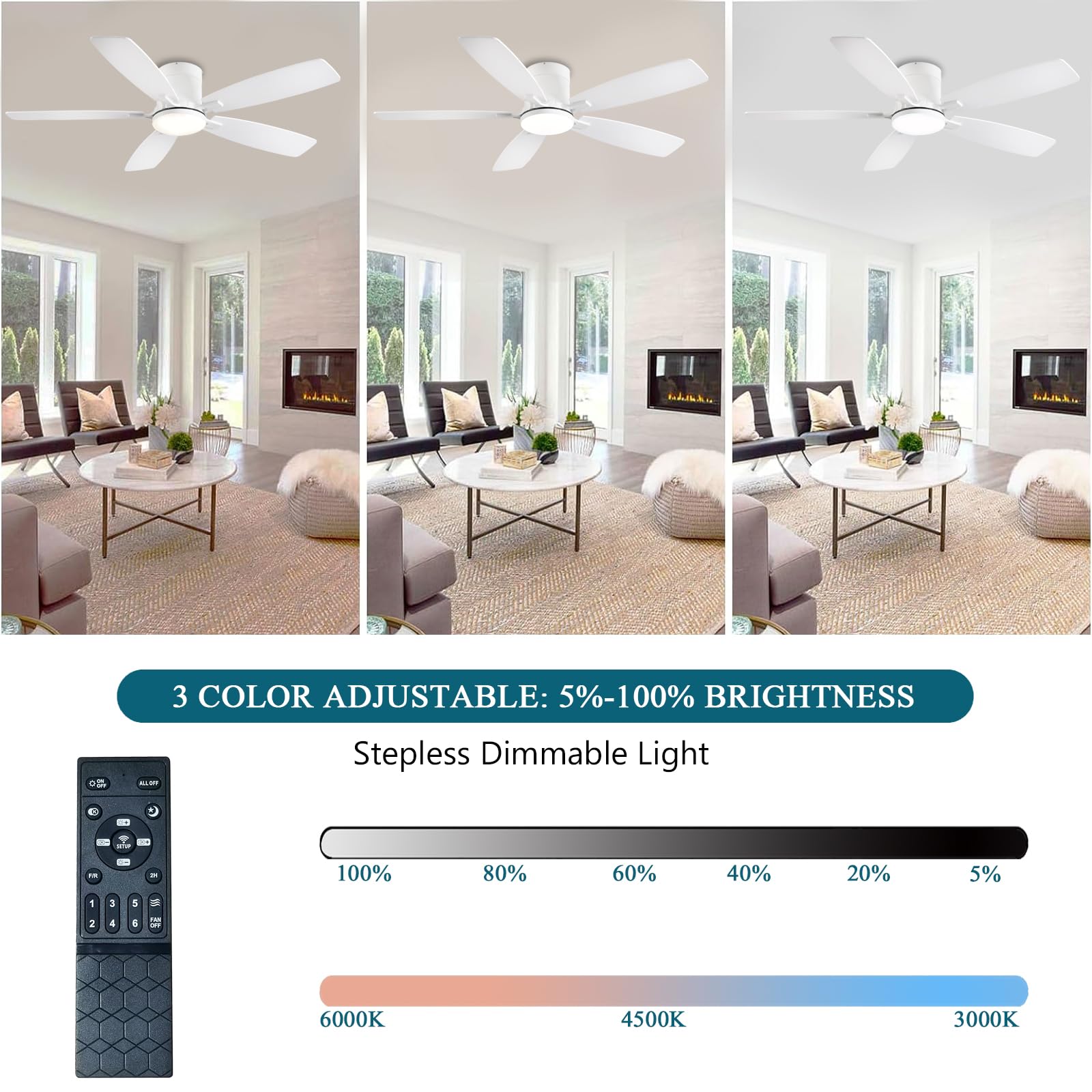 52 Inch White Ceiling Fan with Light Kit & Remote Control - Low Profile Flush Mount, Reversible Dimmable Motor, Ultra Quiet - Perfect for Bedroom, Living Room, Indoor/Outdoor Use