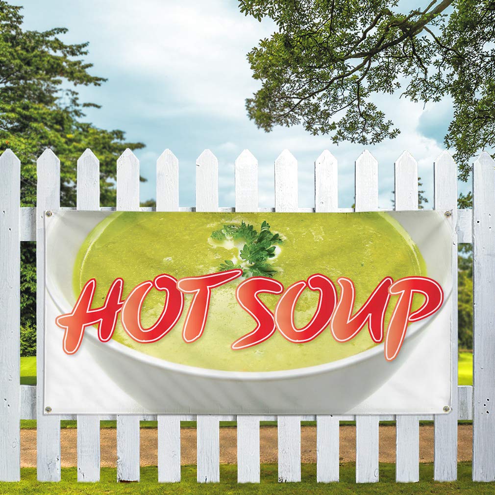 Premium Vinyl Banner 48x96 Inches - Heavy Duty Weatherproof Outdoor Sign with 8 Metal Grommets for Hot Soup Advertising, Food & Beverage Promotion, Industrial Yard Signs - Ideal for Restaurants, Food Trucks, Outdoor Events, Trade Shows & Construction Sites