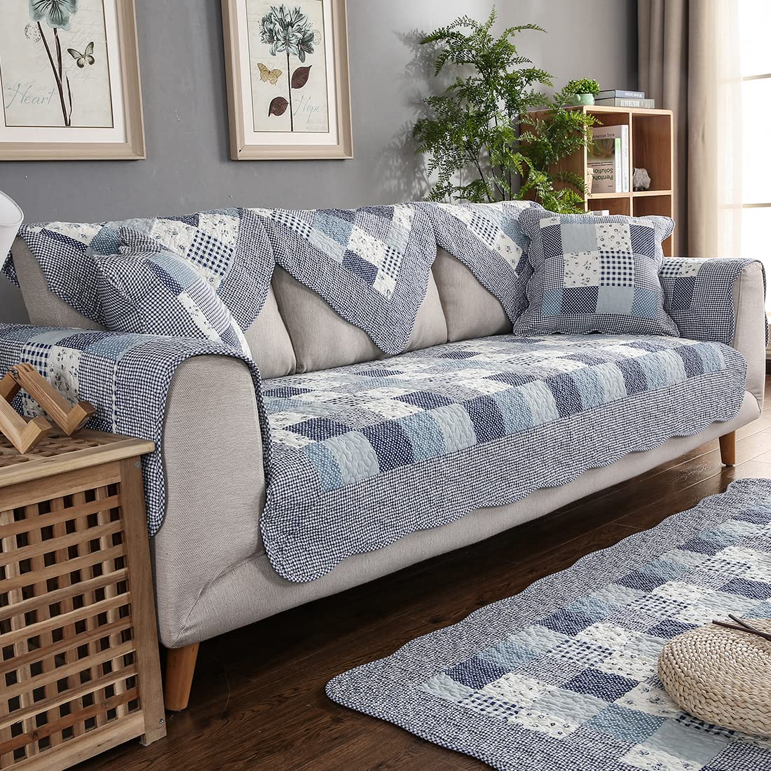 VCTOPS Floral Real Patchwork Boho Cotton Quilted Sofa Cover - Non-Slip Sectional Couch Slipcover for Dogs, Kids & Pets (28