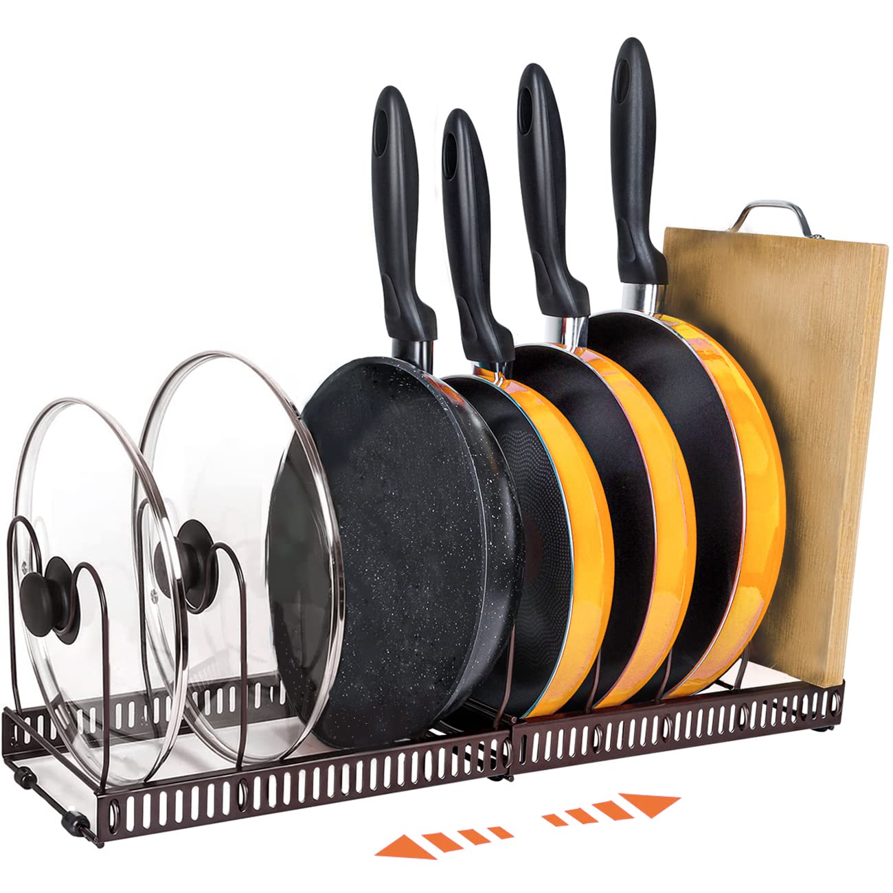 Expandable Kitchen Organizer Rack - Under Cabinet Pots & Pans Organizer with 7 Adjustable Compartments, Pot Lid Holder, Cutting Board & Tupperware Storage (Bronze) - Perfect for Small Kitchens & Cabinet Organization